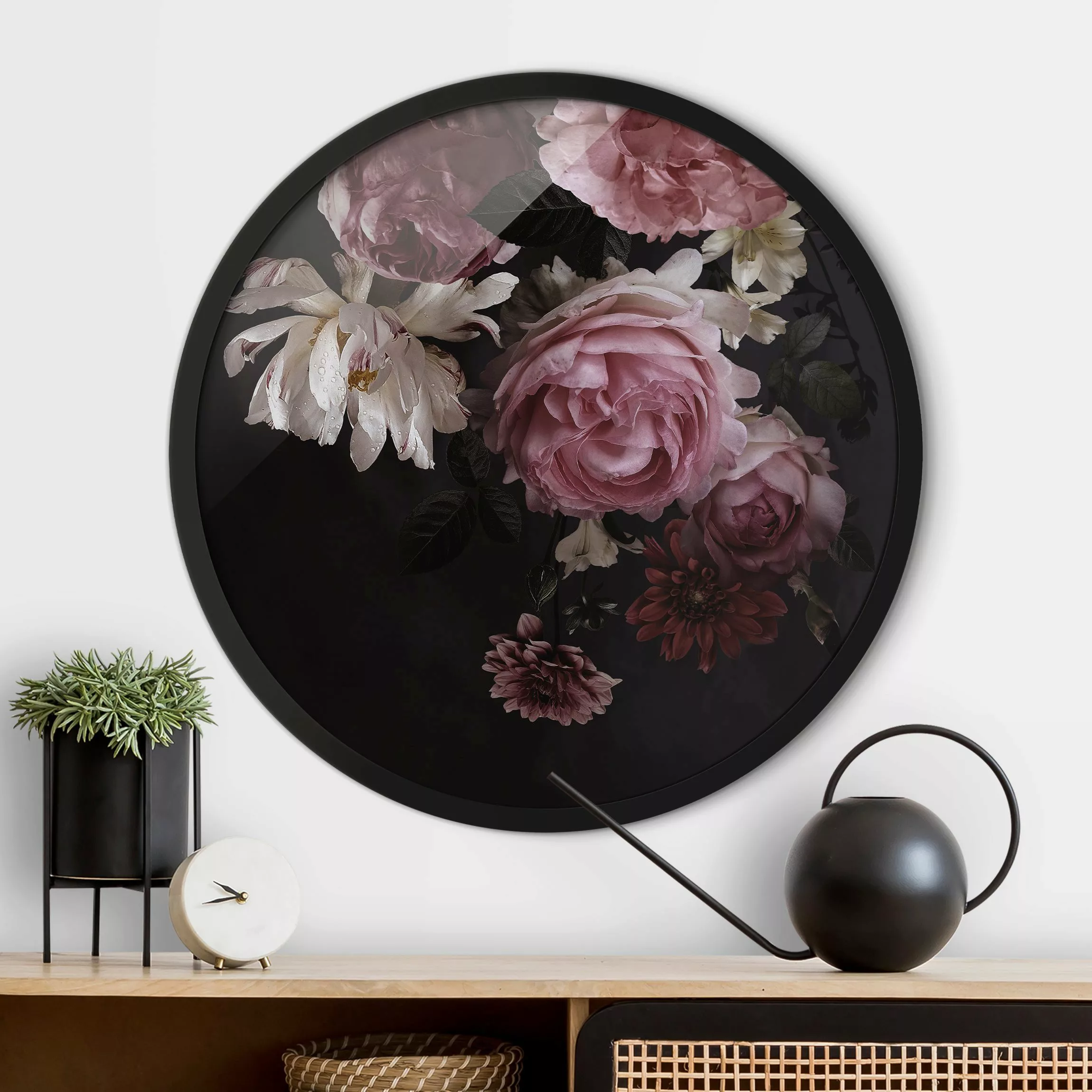 Rundes Gerahmtes Bild Rosa Blumen auf Schwarz Vintage günstig online kaufen