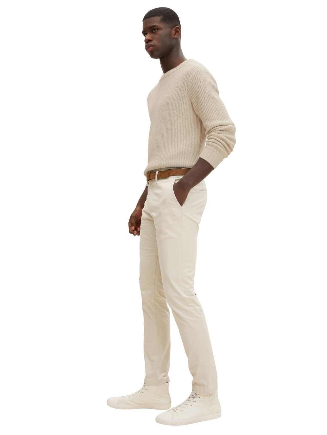 Tom Tailor Denim Herren Slim Chinohose mit Gürtel Beige - Grün - Slim Fit günstig online kaufen