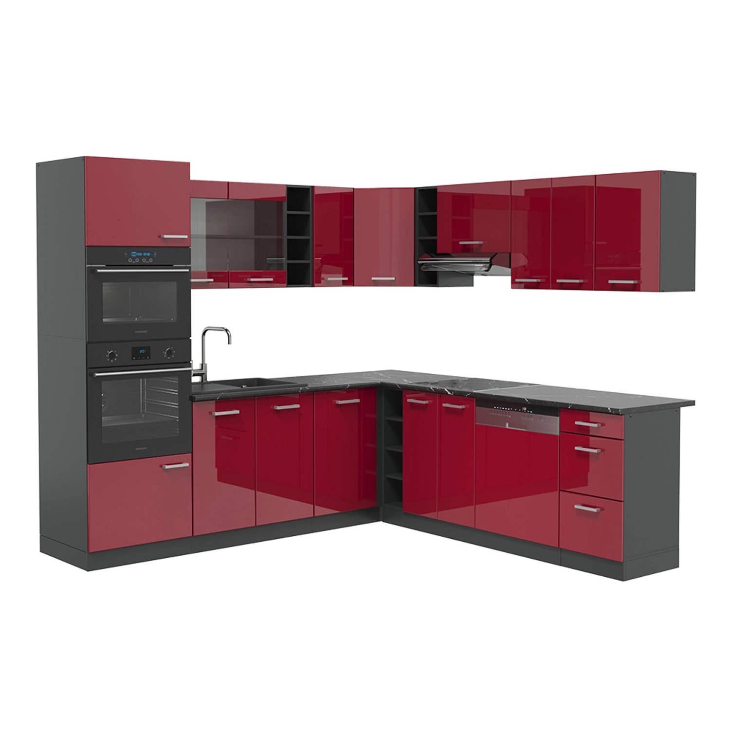 Vicco Winkelküche R-Line, Bordeaux Hochglanz/Goldkraft Eiche, günstig online kaufen