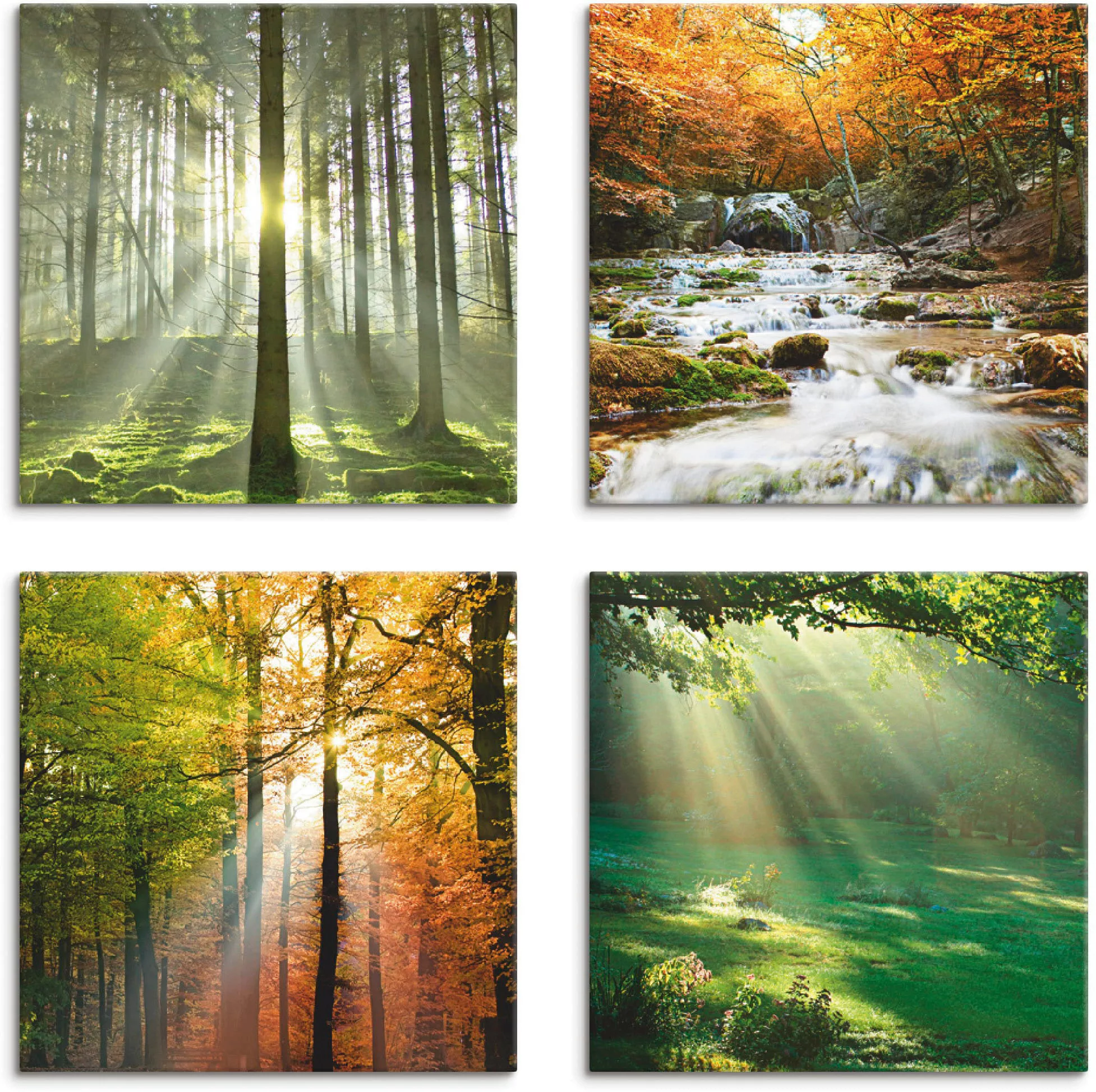 Artland Leinwandbild "Wald Wasserfall Herbsttag", Wald, (4 St.), 4er Set, v günstig online kaufen