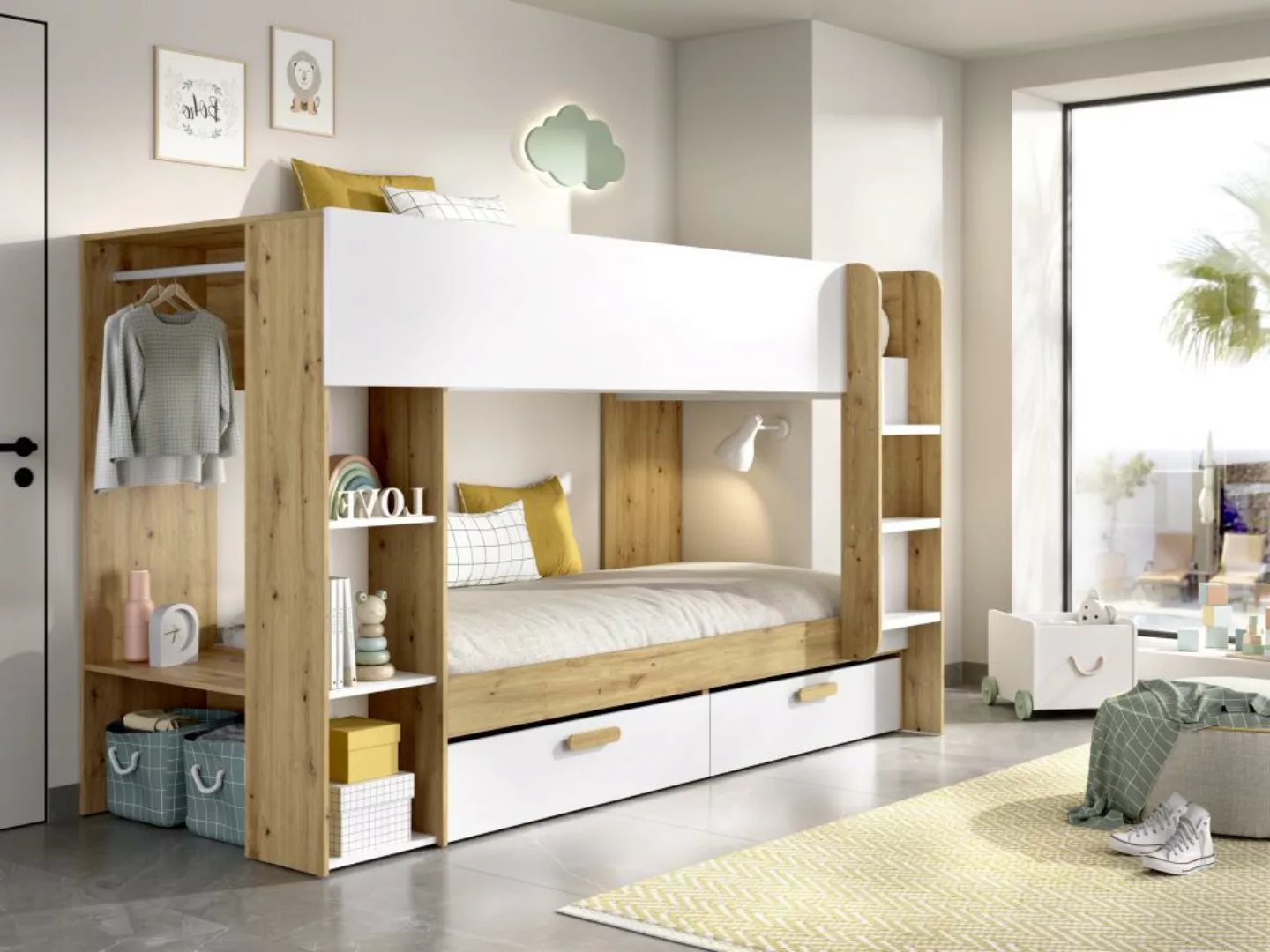 Etagenbett mit Stauraum & Kleiderstange + Matratze - 2 x 90 x 200 cm - Weiß günstig online kaufen