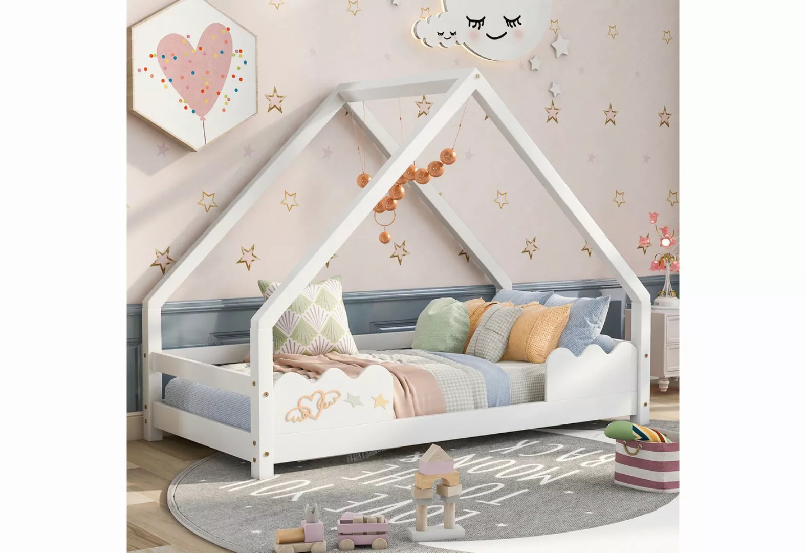 KLAM HOME Kinderbett Hausbett Massivholz mit Lattenrost Rausfallschutz 80x1 günstig online kaufen