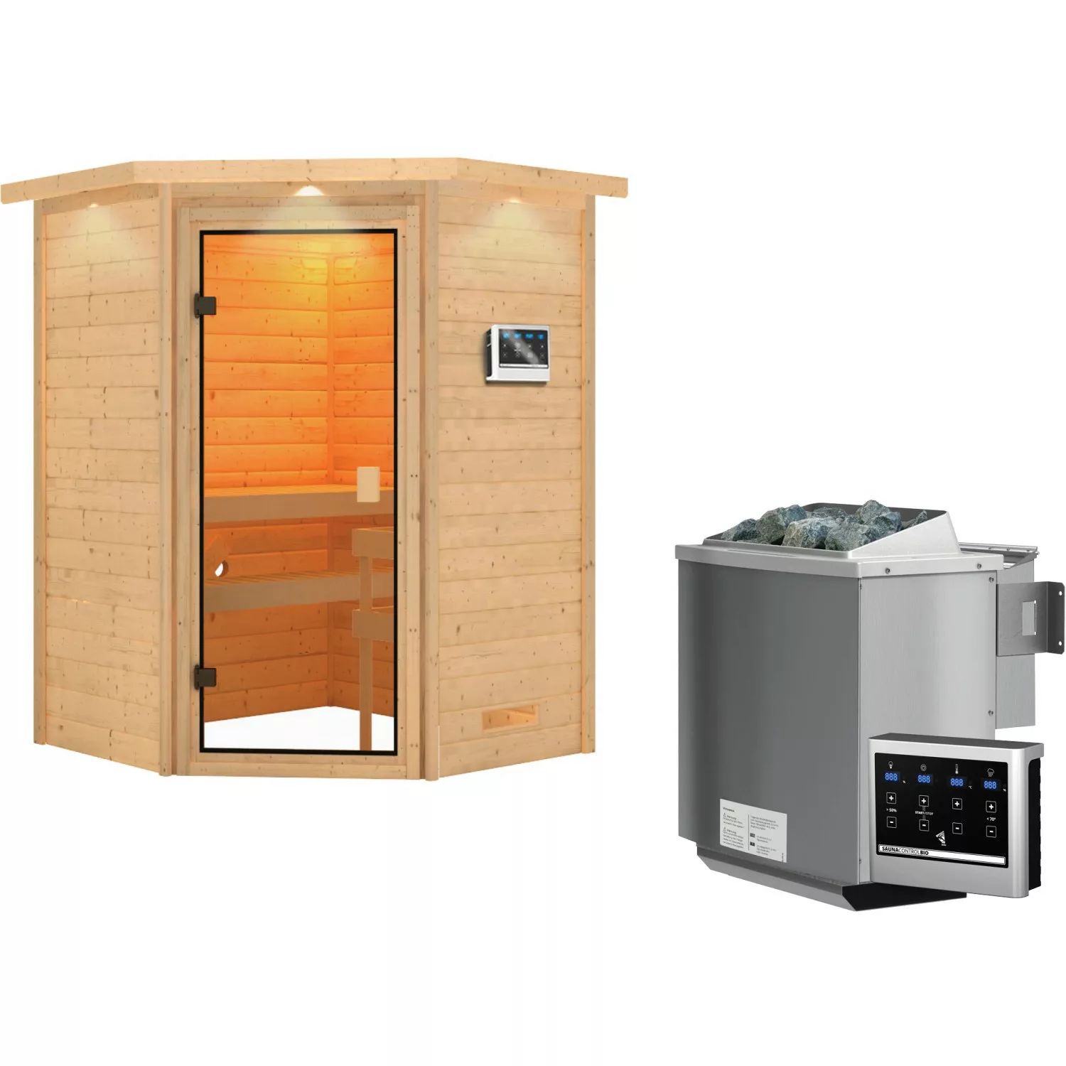 Woodfeeling Sauna Antonia inkl. 9 kW Bio-Ofen mit ext. Strg., LED-Dachkranz günstig online kaufen