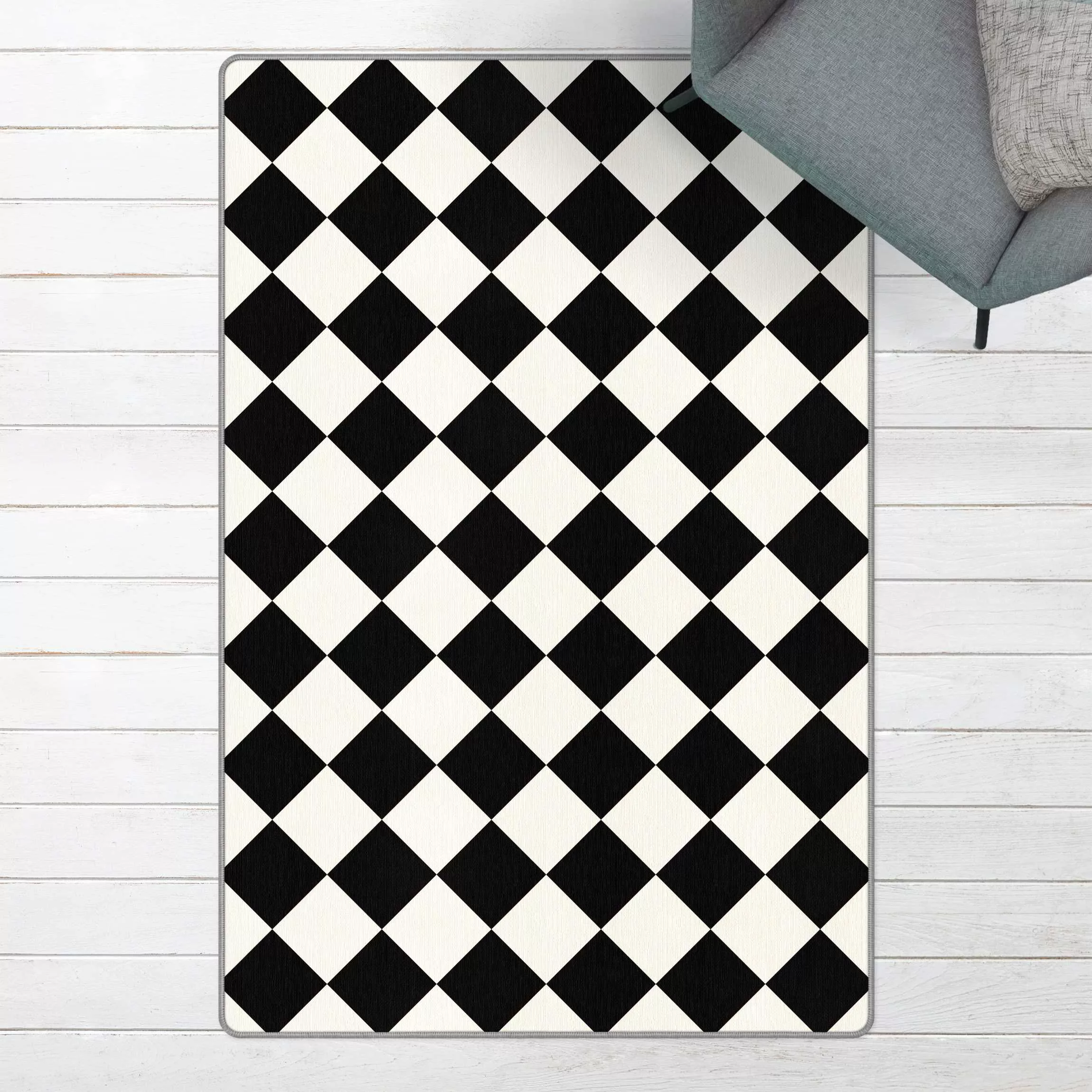 Teppich Geometrisches Muster gedrehtes Schachbrett Schwarz Weiß günstig online kaufen
