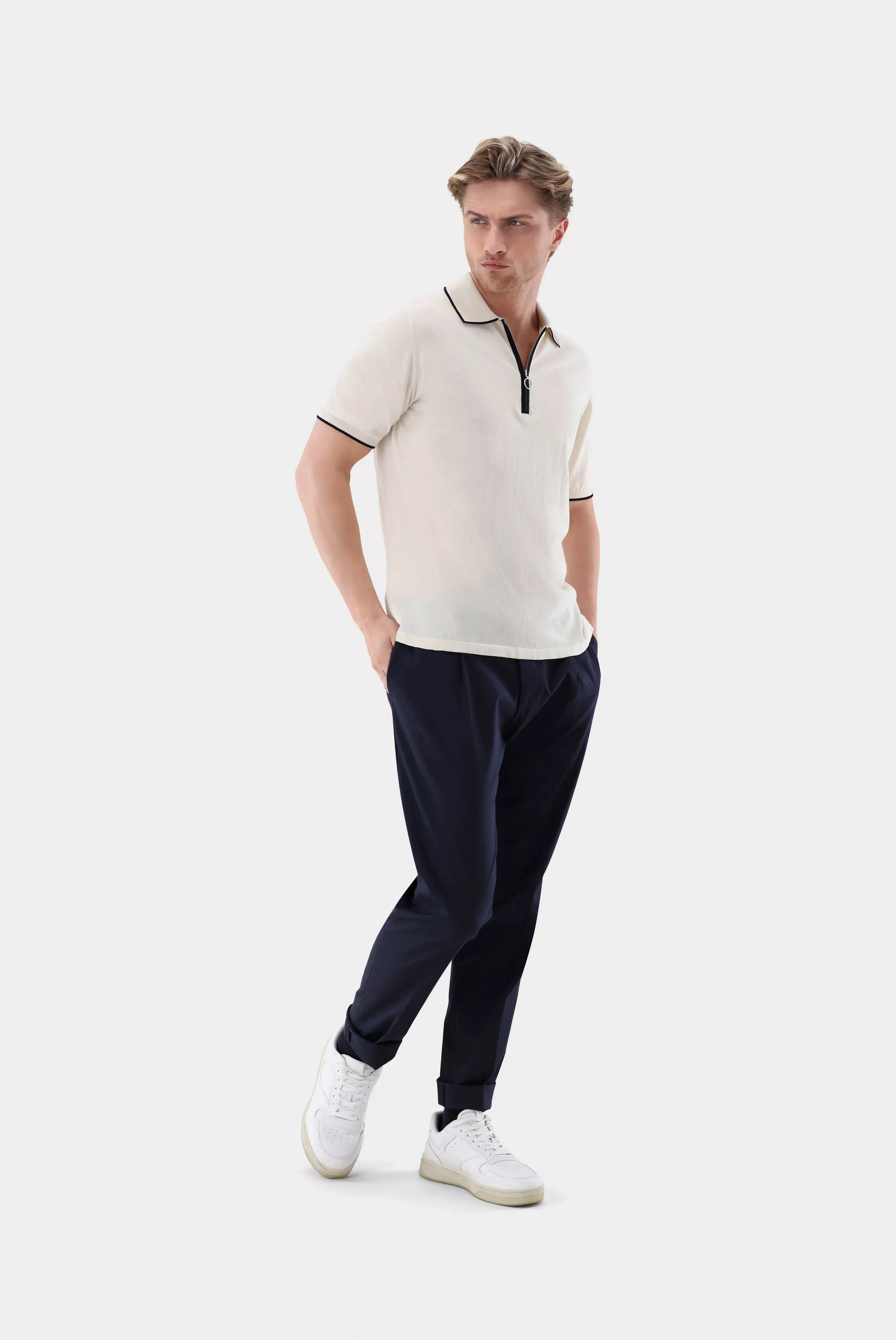 Gestricktes Zip Polo Shirt aus Air Cotton günstig online kaufen