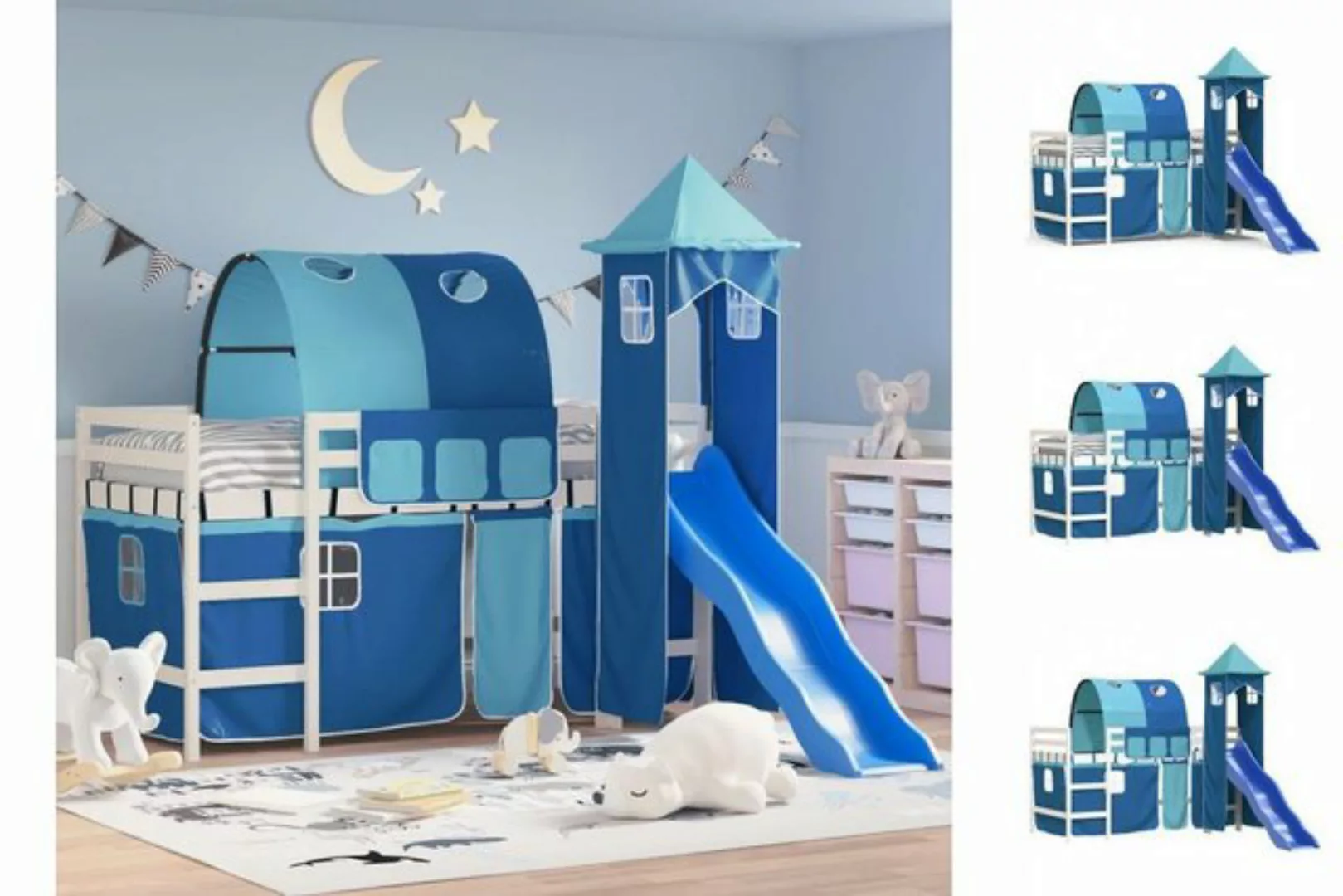 vidaXL Kinderbett Kinderhochbett mit Turm Blau 80x200 cm Massivholz Kiefer günstig online kaufen