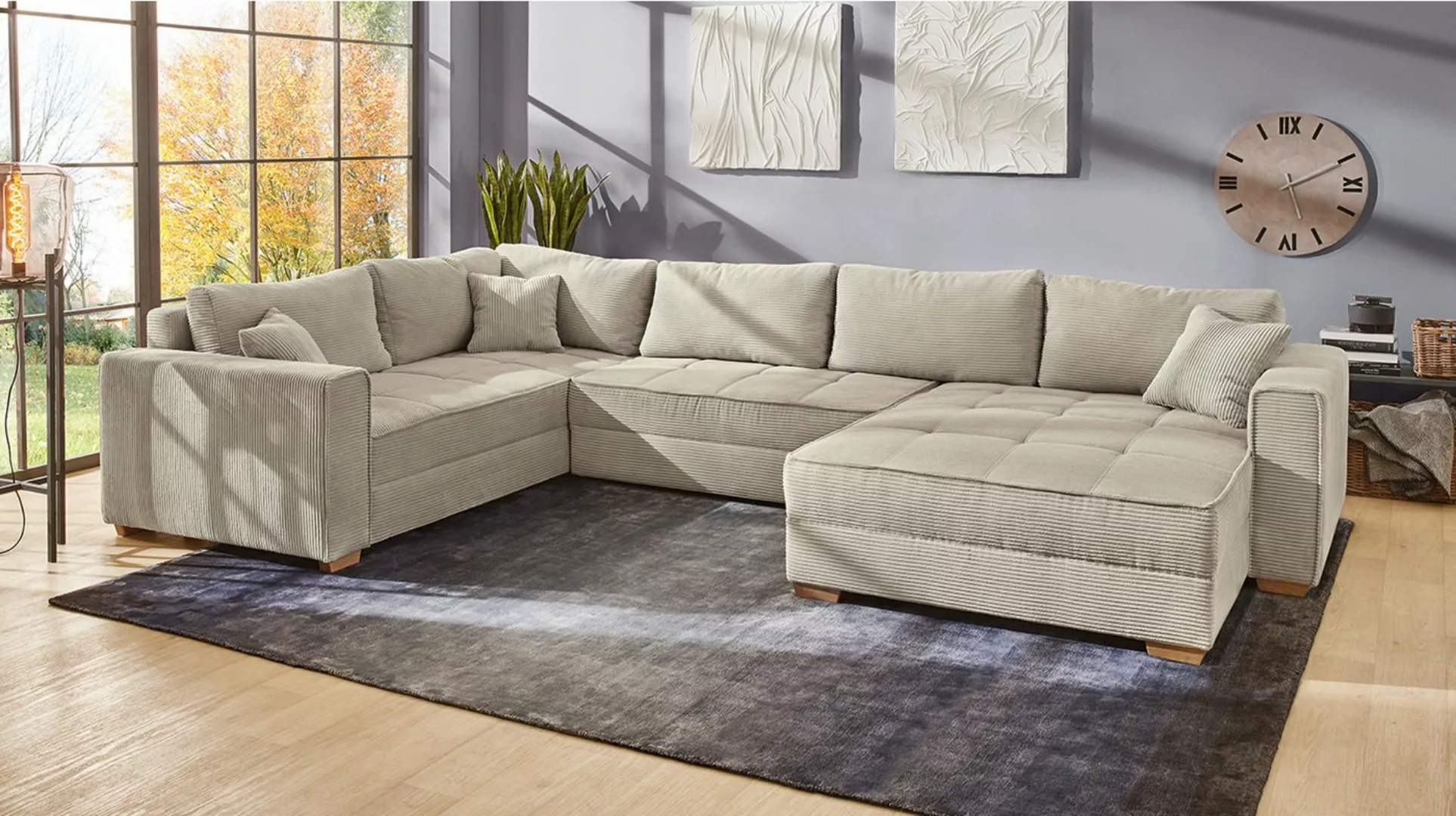 Massivart® Wohnlandschaft ALBA Cord beige, 379 cm, Cordsofa, Bettfunktion, günstig online kaufen