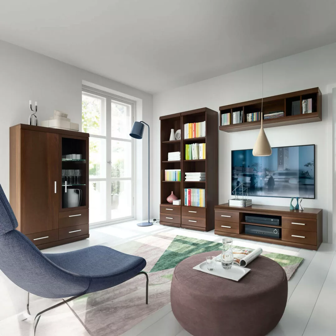 Wohnwand Set mit Vitrinenschrank Nussbaum IMPERIA-129 günstig online kaufen