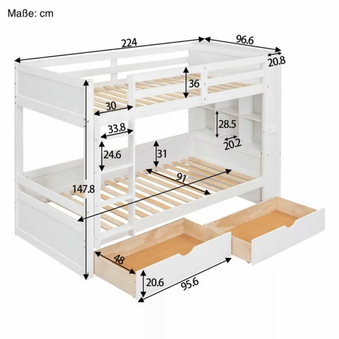 SOFTWEARY Etagenbett mit 2 Liegeflächen, Schubladen, Lattenrost und Regal ( günstig online kaufen
