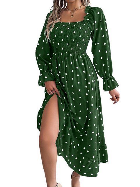 Mayou Volantkleid Damen Langarm Maxikleid Quadratischer Ausschnitt Tupfenmu günstig online kaufen