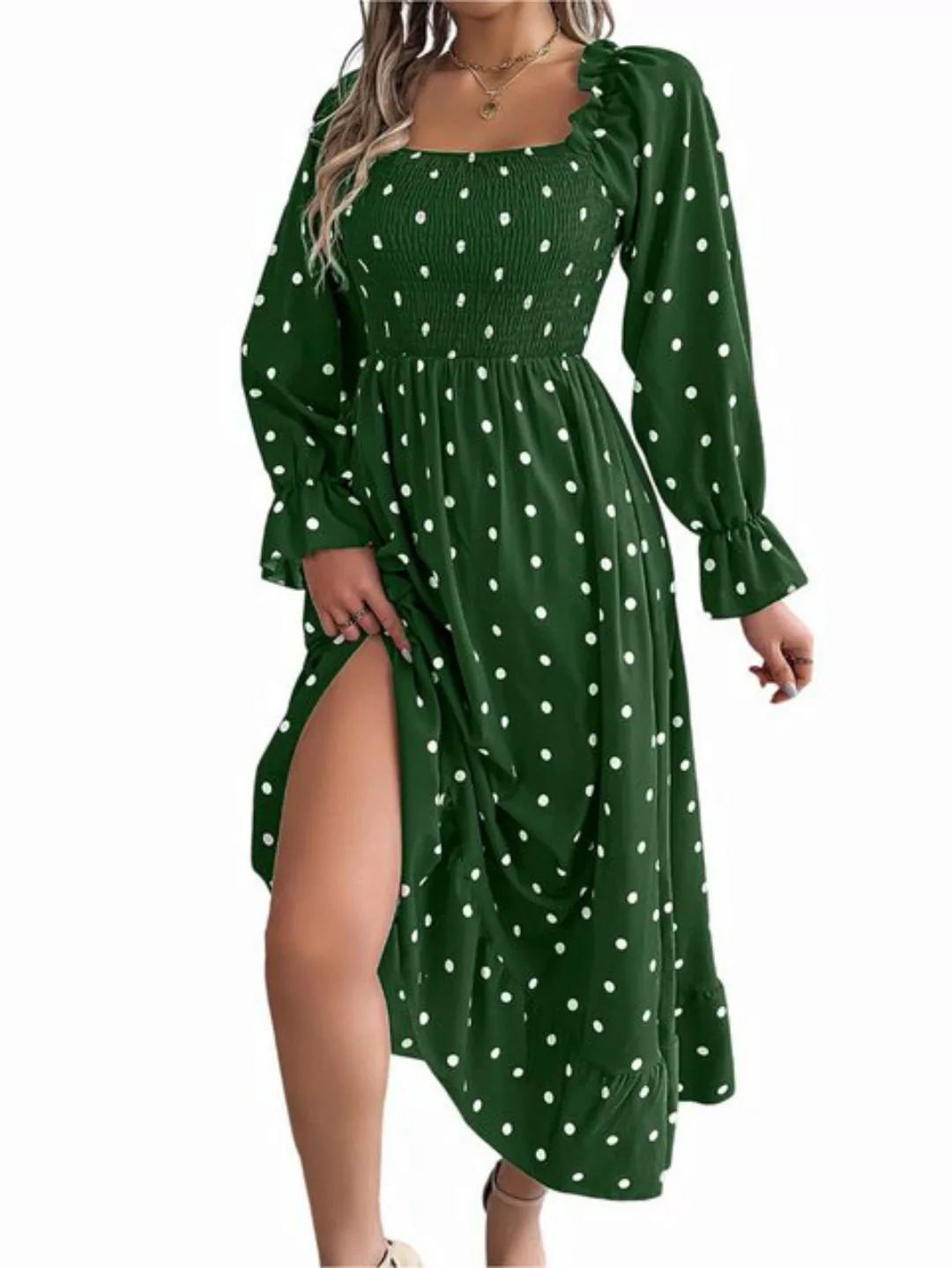 Mayou Volantkleid Damen Langarm Maxikleid Quadratischer Ausschnitt Tupfenmu günstig online kaufen