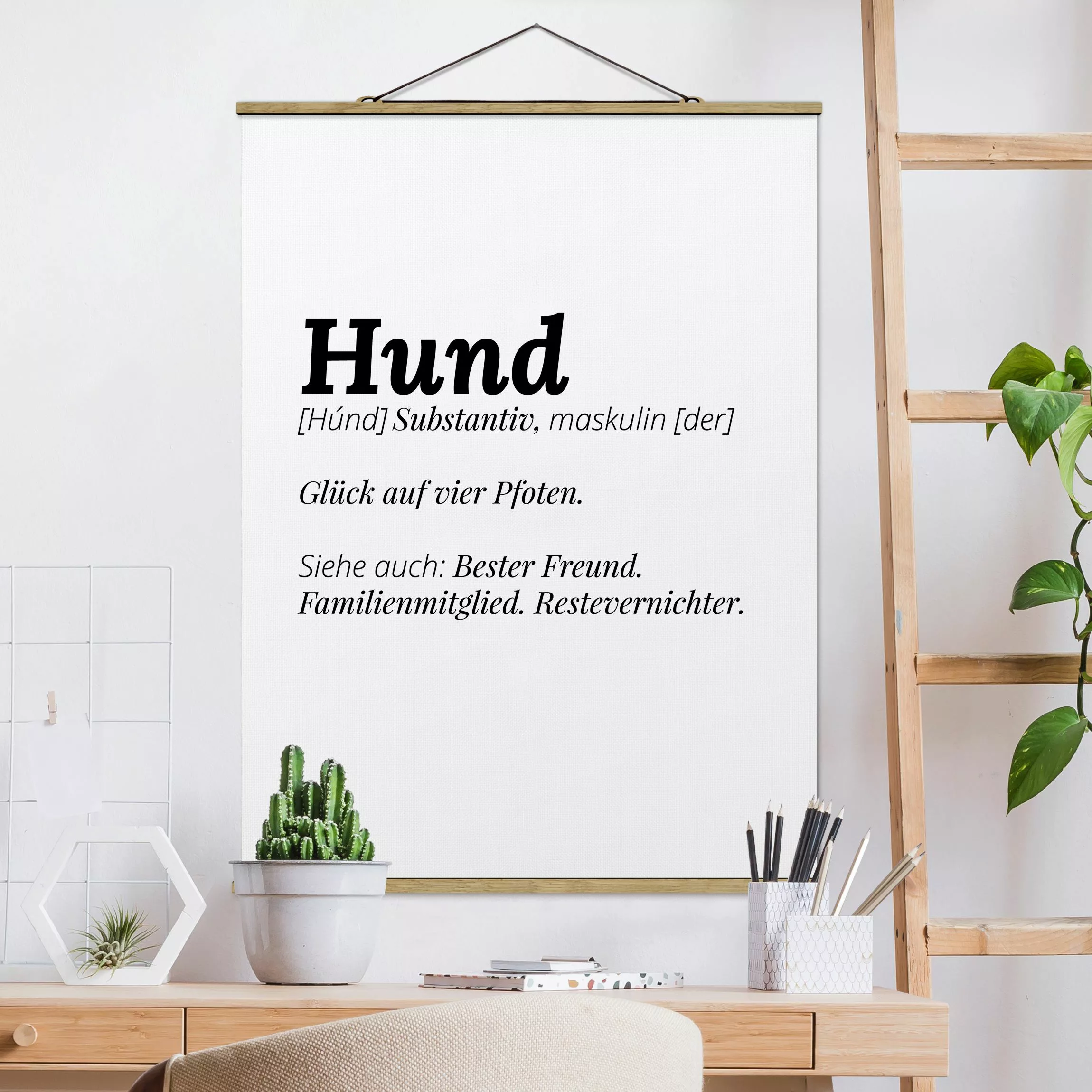 Stoffbild Spruch mit Posterleisten - Hochformat Die Definition von Hund günstig online kaufen