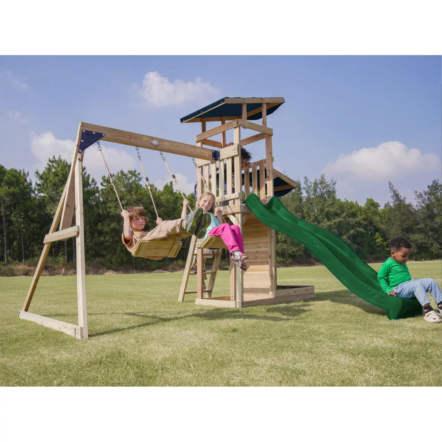 Axi Spielturm Malik mit Doppelschaukel Braun und Rutsche Grün FSC® günstig online kaufen