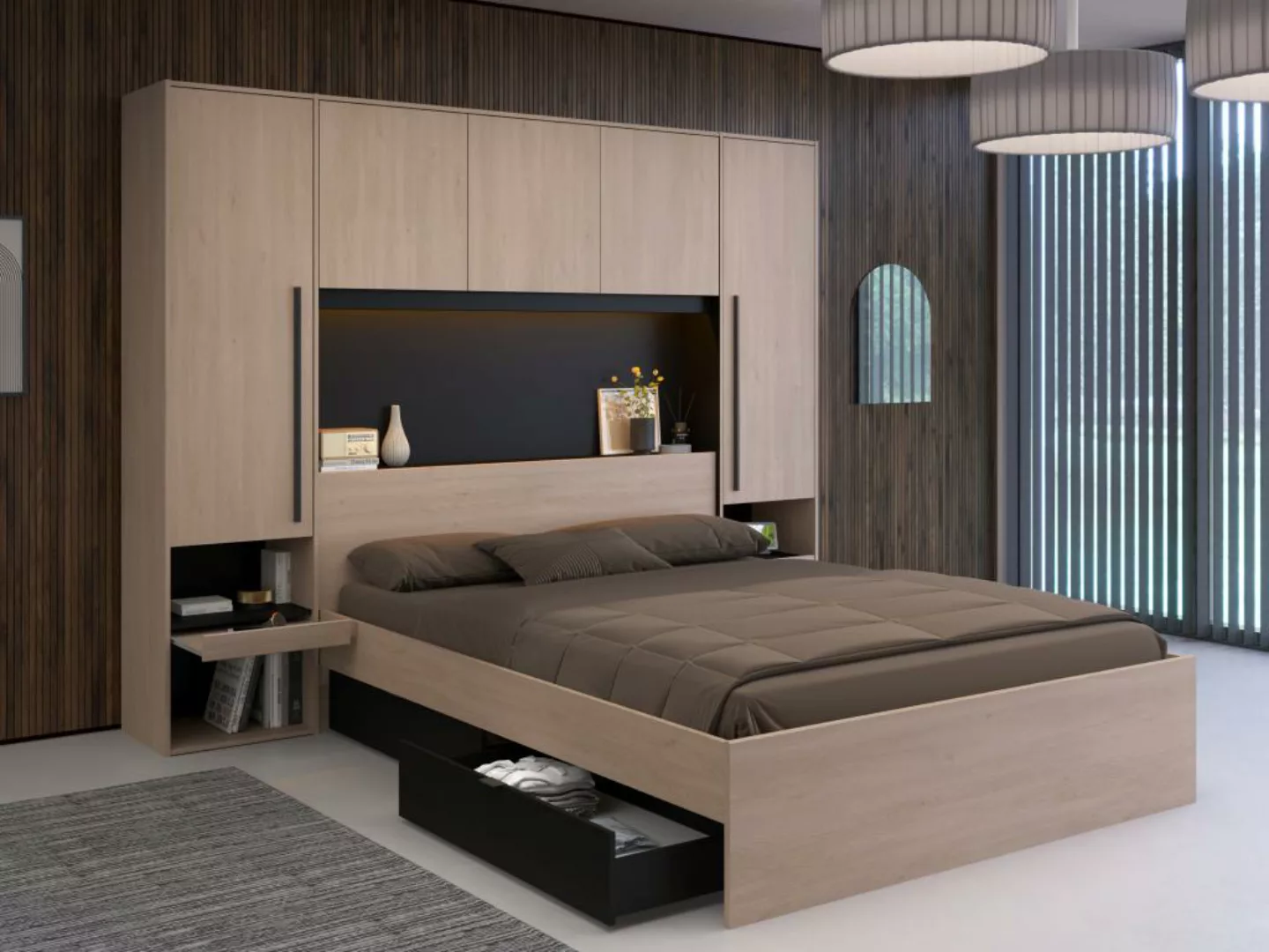Bett mit Stauraum & LEDs - 160 x 200 cm - Naturfarben & Schwarz - VELONA günstig online kaufen
