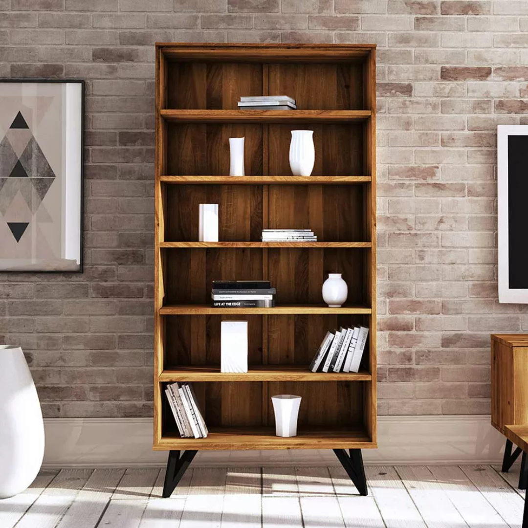 Wohnzimmer Regal aus Wildeiche Massivholz und Stahl 185 cm hoch günstig online kaufen