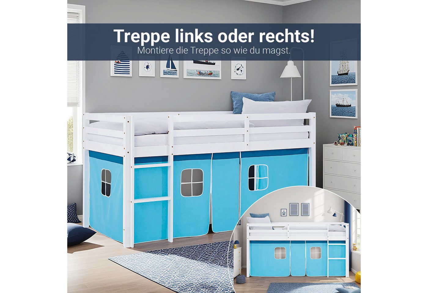 Homestyle4u Hochbett 90x200 Kinderbett Weiß Vorhang Blau für 1 Kind Kiefer günstig online kaufen