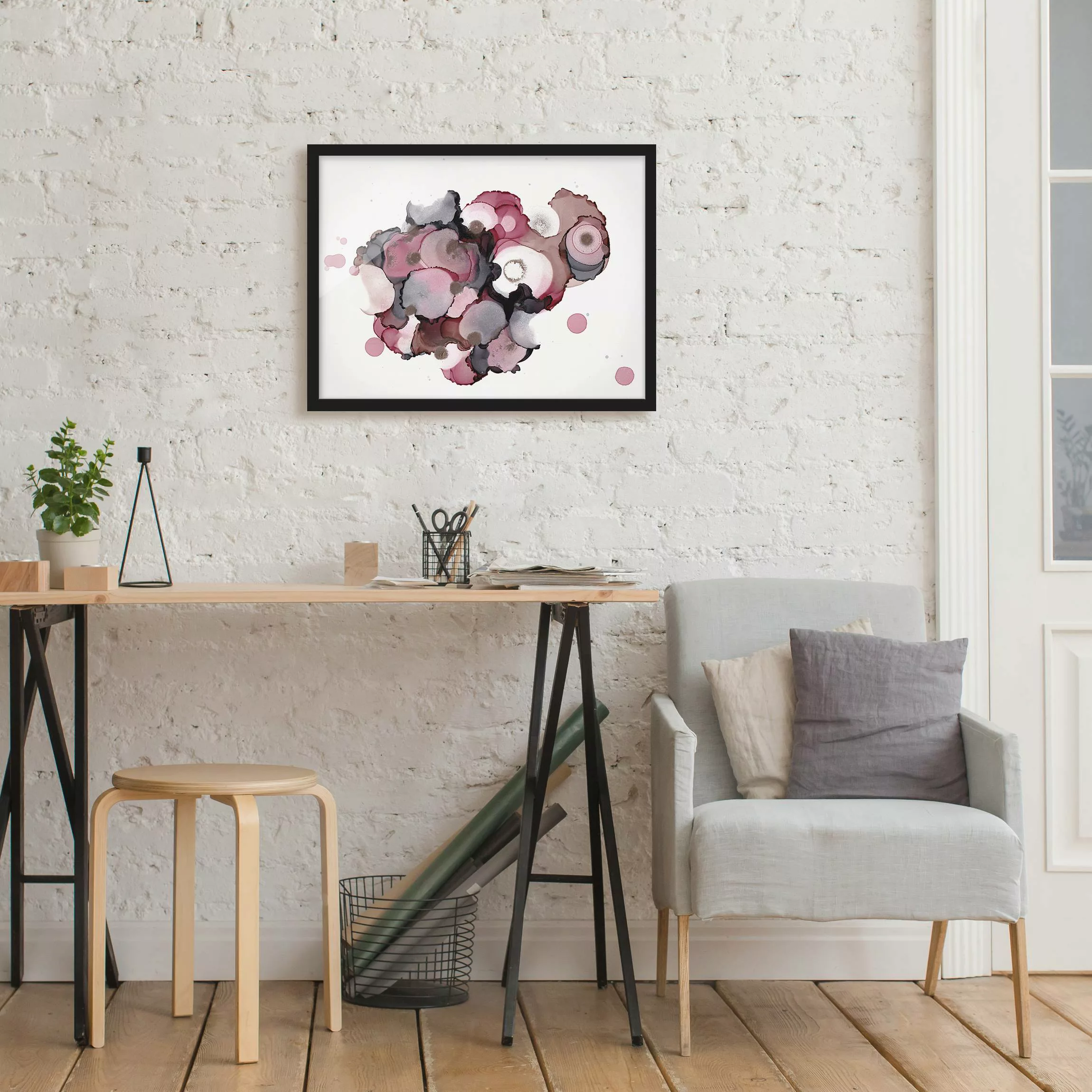Bild mit Rahmen Pink-Beige Tropfen mit Roségold günstig online kaufen
