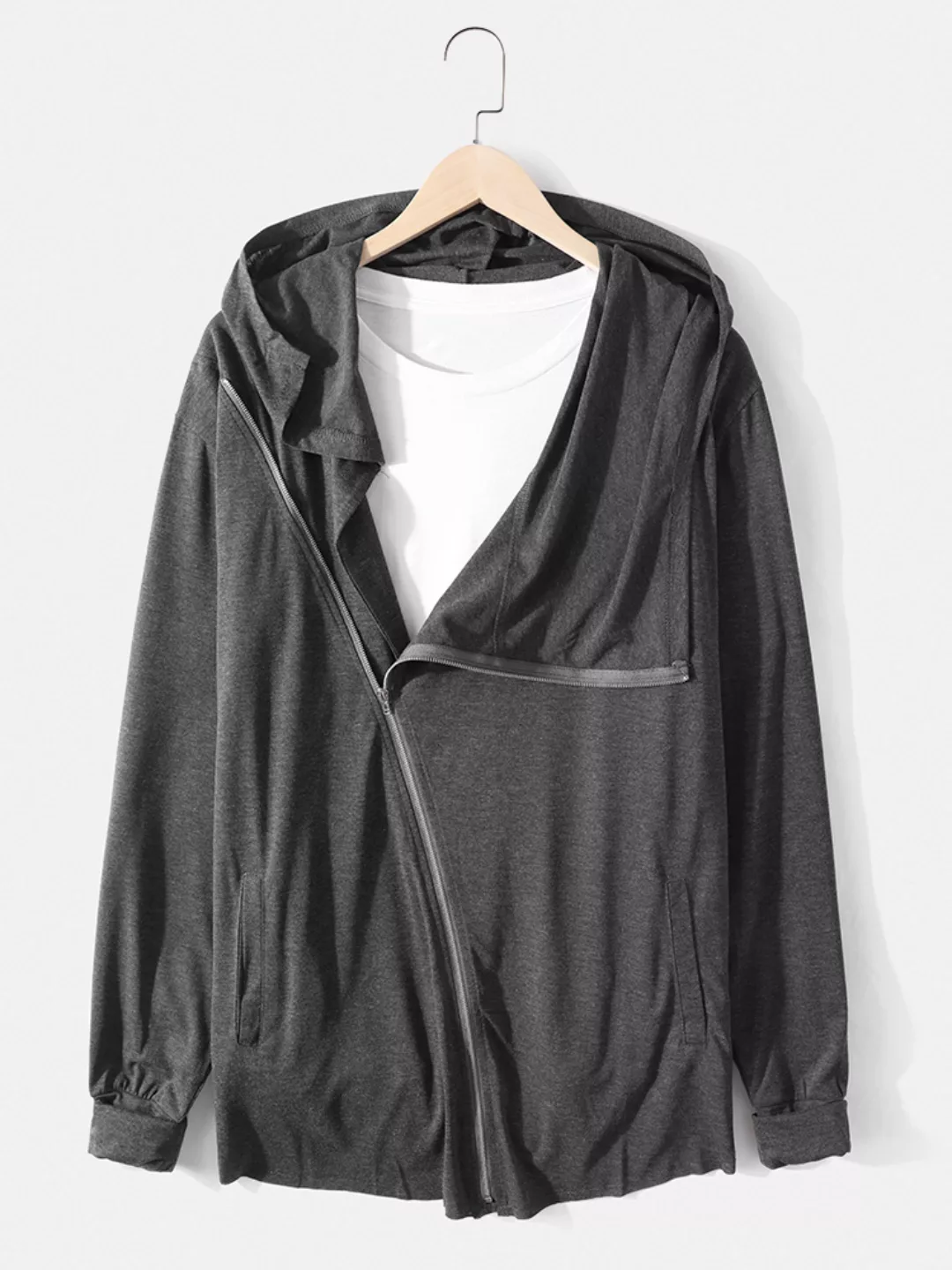Herren Solid Color Asymmetric Zip Relaxed Fit Hoodies mit Taschen günstig online kaufen