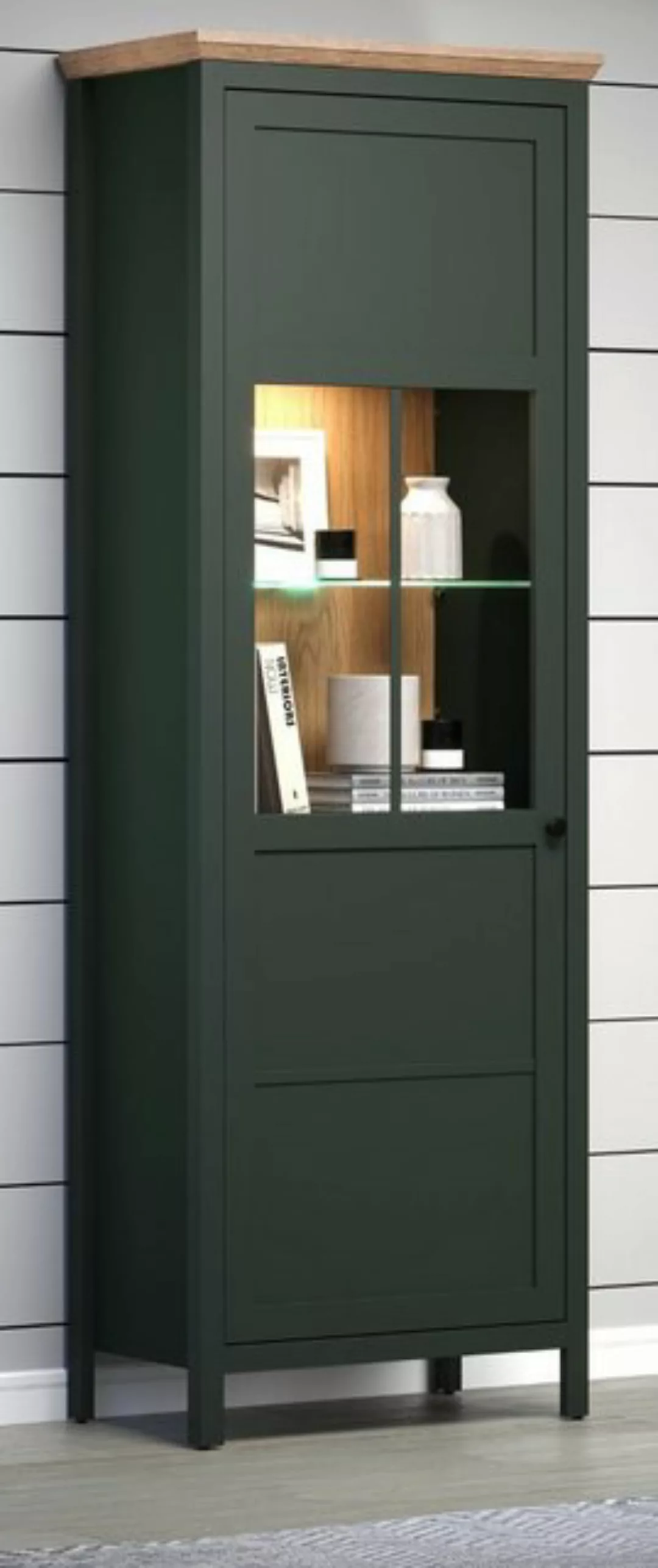 Furn.Design Standvitrine Stanton (Vitrinenschrank in Landhaus grün mit Eich günstig online kaufen