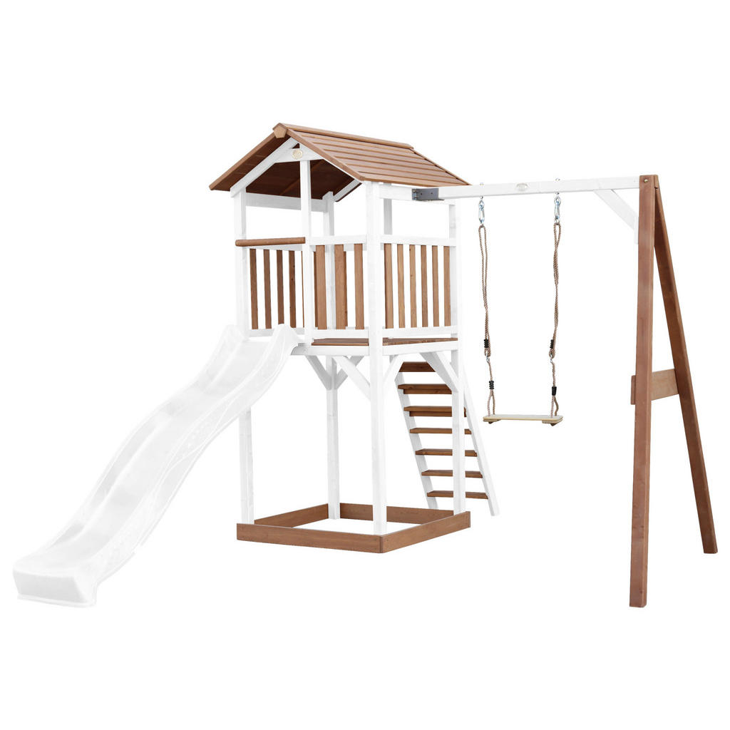 Axi Beach Tower Spielturm mit Einzelschaukel Braun - Weiß und Grauer Rutsch günstig online kaufen