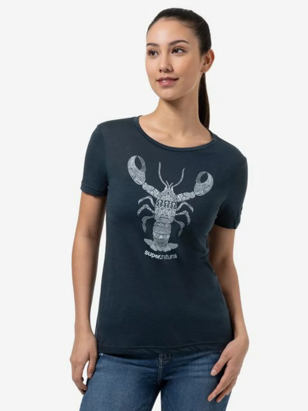 SUPER.NATURAL T-Shirt für Damen, Merino TATTOOED LOBSTER Tier Motiv, bunt günstig online kaufen