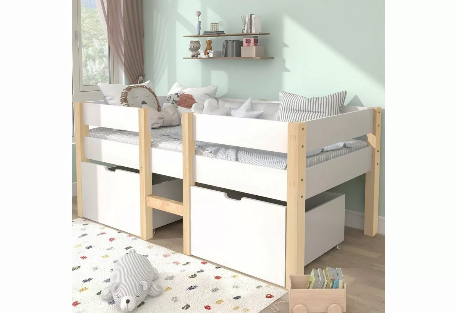 Celya Kinderbett 90x200cm Bett mit Rausfallschutz, Kiefer-Vollholz günstig online kaufen