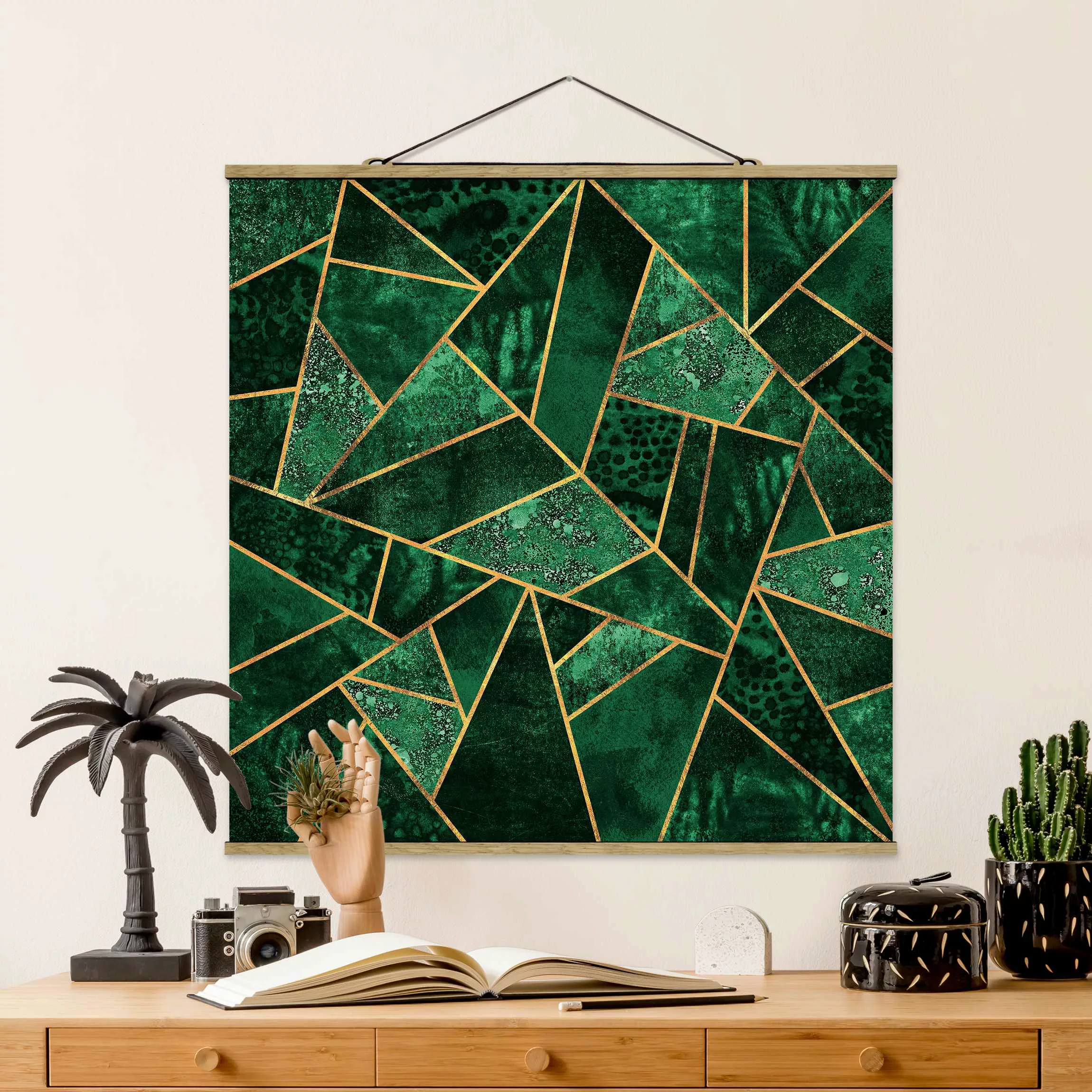 Stoffbild Abstrakt mit Posterleisten - Quadrat Dunkler Smaragd mit Gold günstig online kaufen