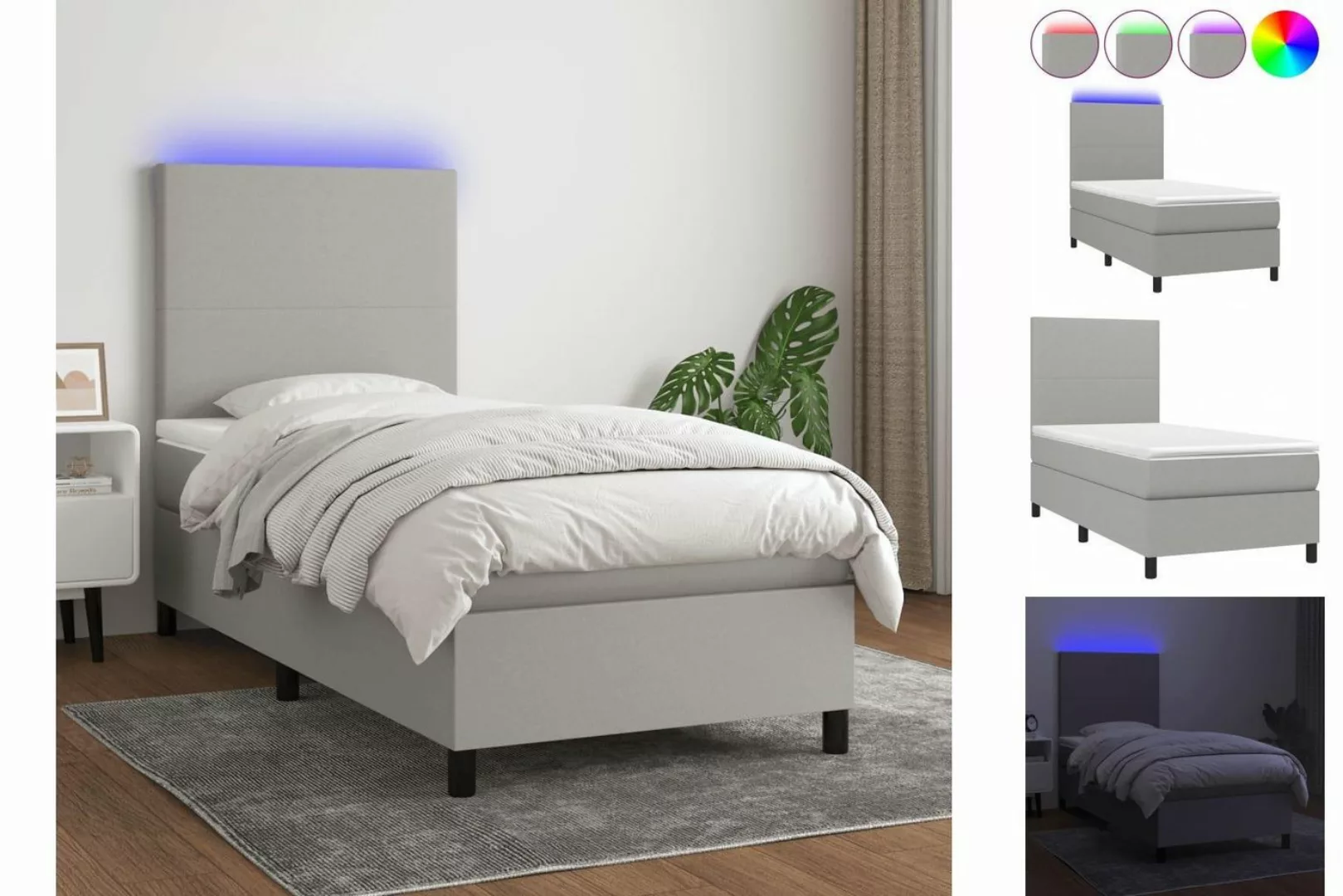 vidaXL Bettgestell Boxspringbett mit Matratze LED Hellgrau 90x190 cm Stoff günstig online kaufen