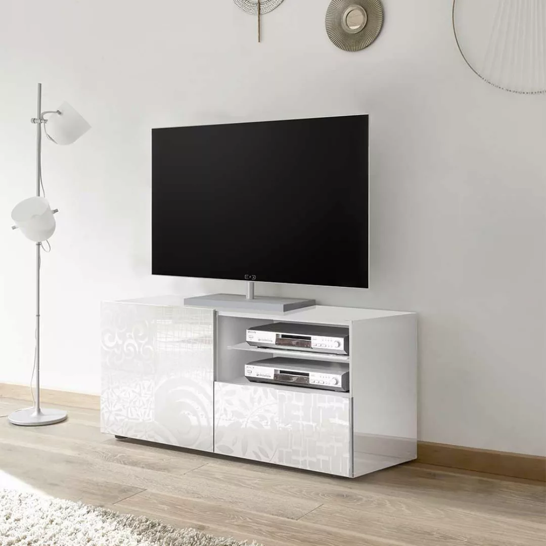 TV Wohnwand in Weiß Hochglanz Siebdruck verziert (dreiteilig) günstig online kaufen