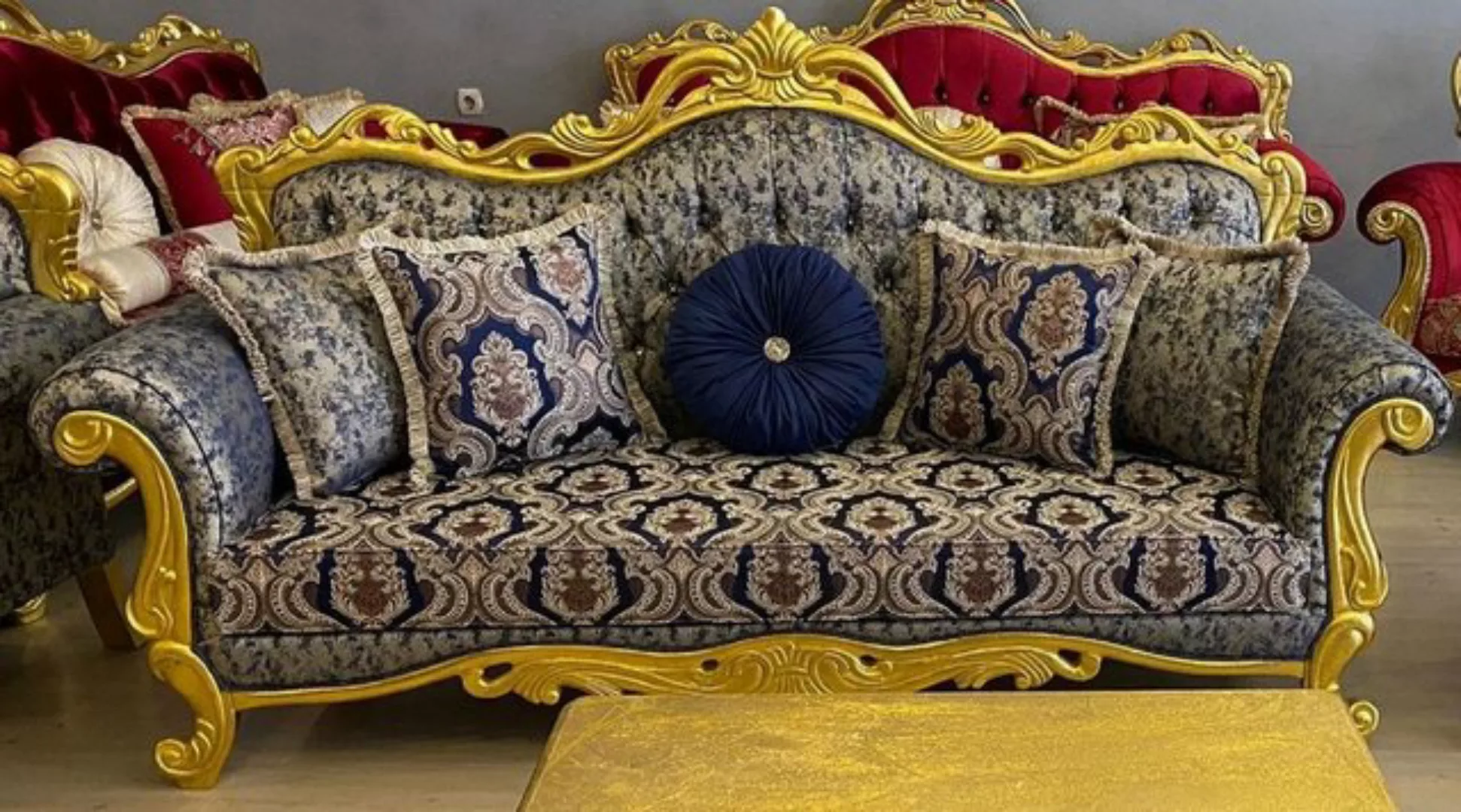Casa Padrino Sofa Luxus Barock Sofa Dunkelblau / Beige / Gold - Prunkvolles günstig online kaufen