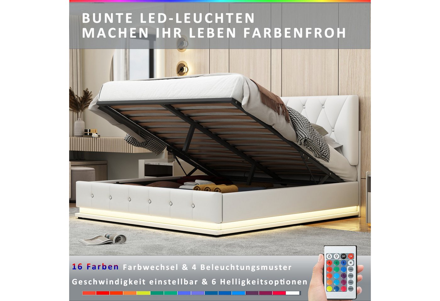 Nebelmeer Bettgestell Polsterbett 140x200 cm mit LED Beleuchtung & Hydrauli günstig online kaufen