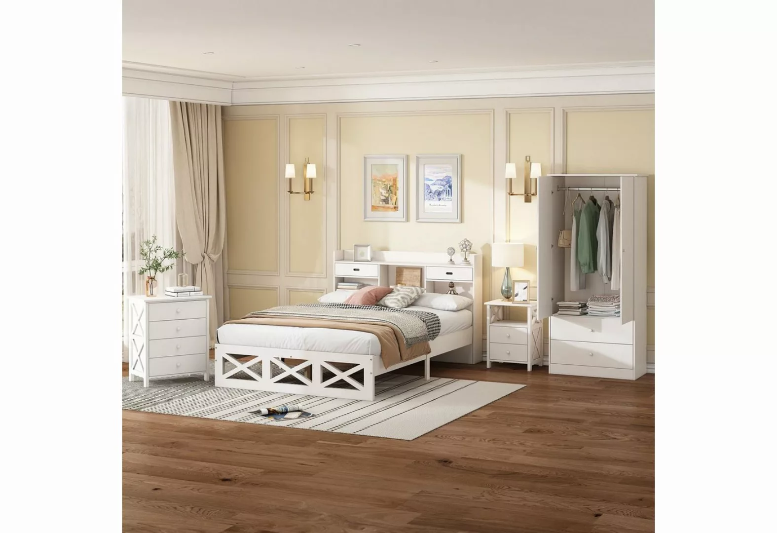 Flieks Holzbett, Schlafzimmer Set Holzbett 140x200cm+Nachttisch+Kommode+Kle günstig online kaufen