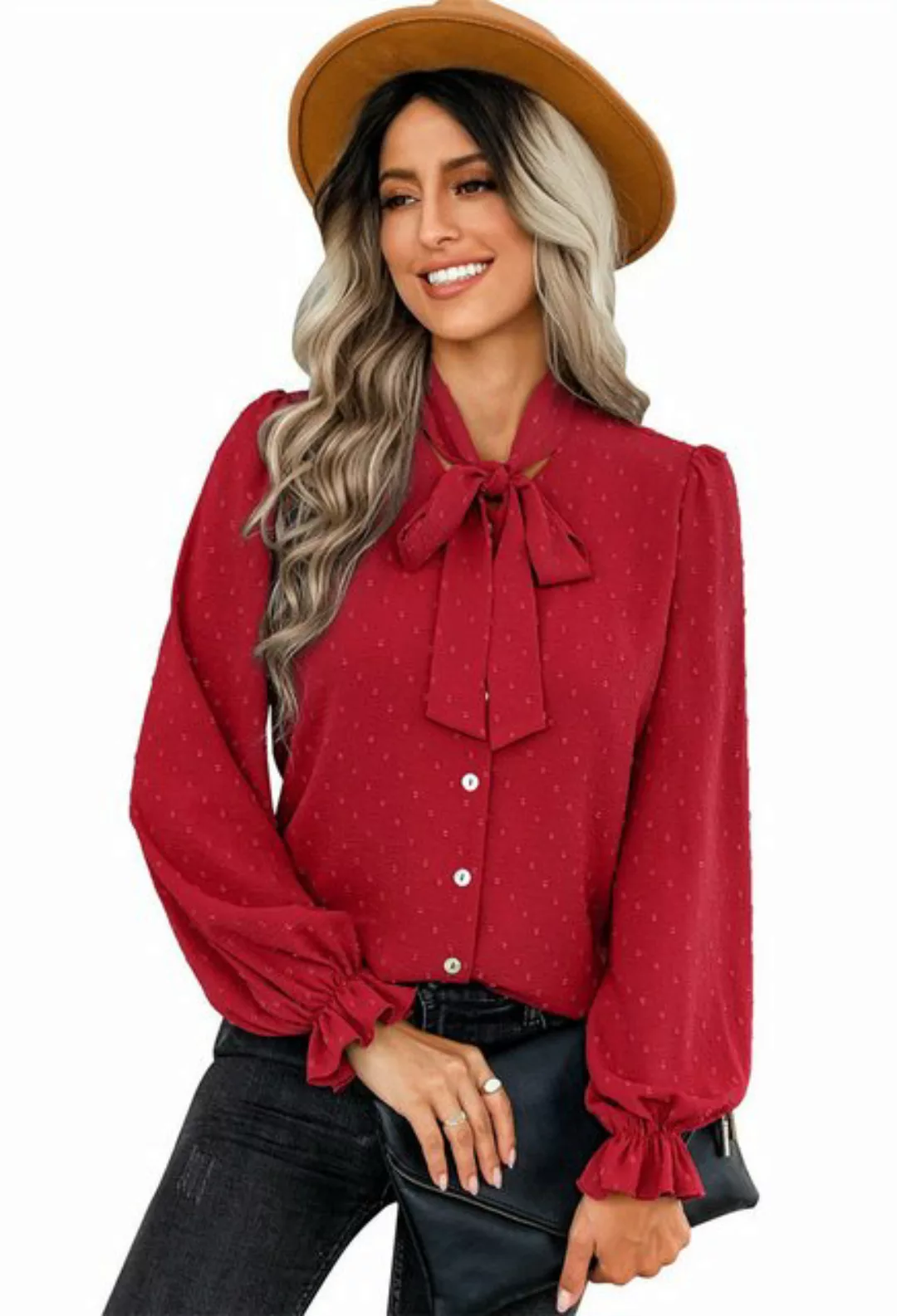 ZWY Langarmbluse Frühlingshemd für Damen, Button-Down-Hemd mit Schleife und günstig online kaufen