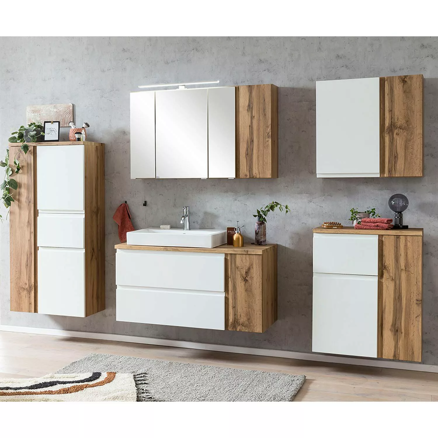 Badmöbel Set mit Aufsatz-Waschbecken links, Wotan Eiche Nb. mit weiß matt, günstig online kaufen