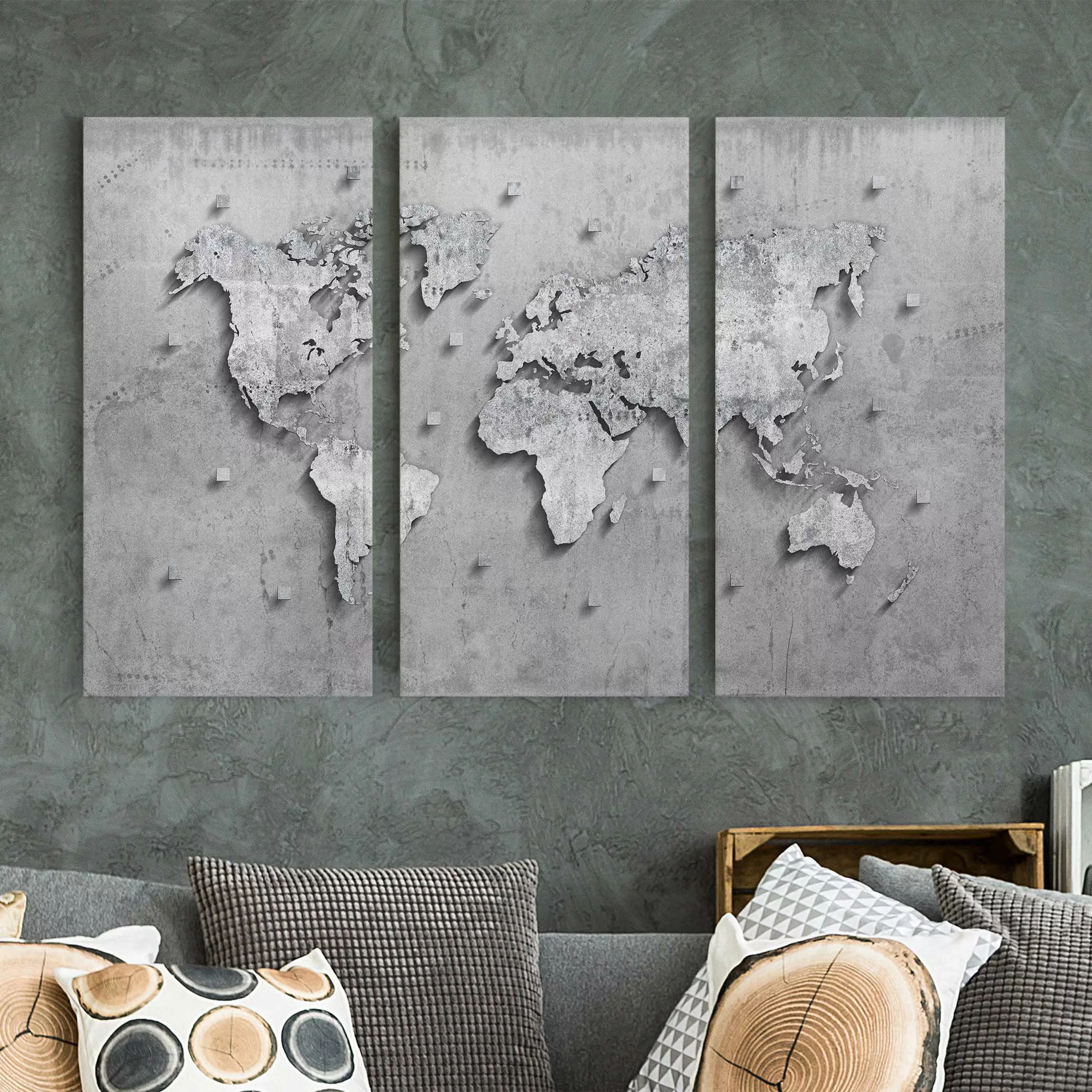 3-teiliges Leinwandbild Weltkarte - Querformat Beton Weltkarte günstig online kaufen