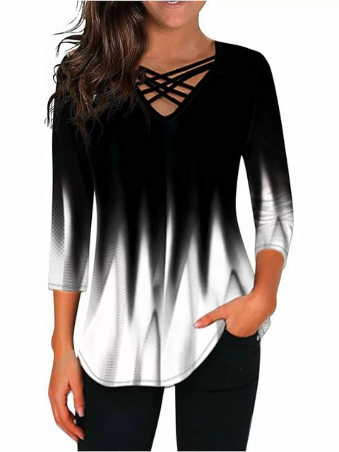 FIDDY T-Shirt Damen Bluse V-Ausschnitt Basic-Top-Hemd 3/4 Arm V Ausschnitt günstig online kaufen