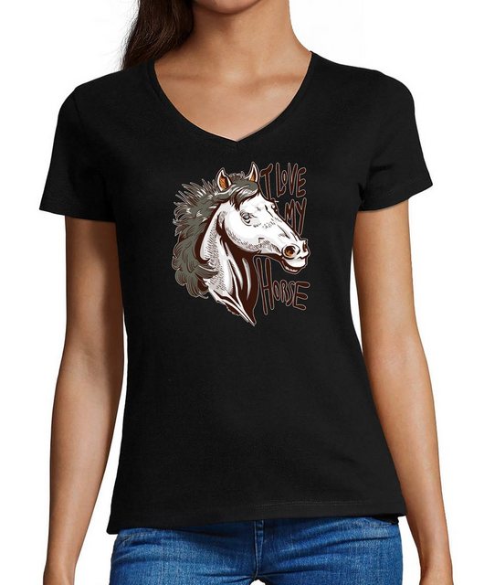 MyDesign24 T-Shirt Damen Pferde Print Shirt - I Love my Horse V-Ausschnitt günstig online kaufen