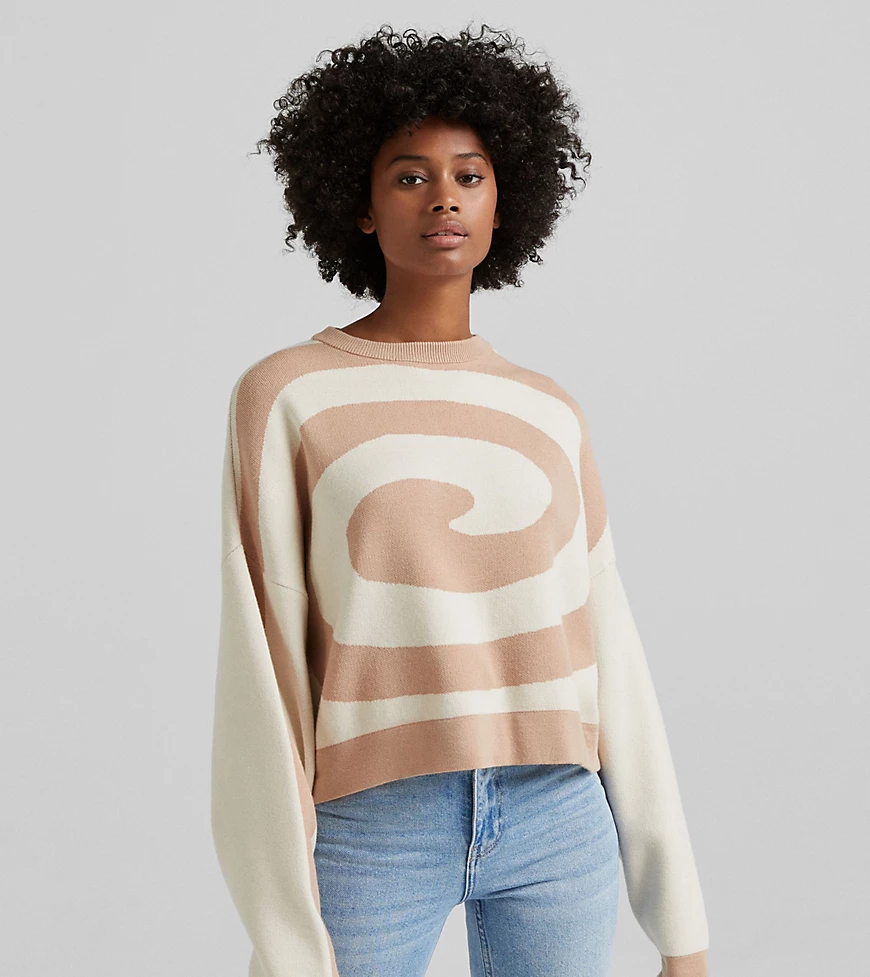 Bershka – Pullover in Beige mit Retro-Wirbelmuster-Neutral günstig online kaufen