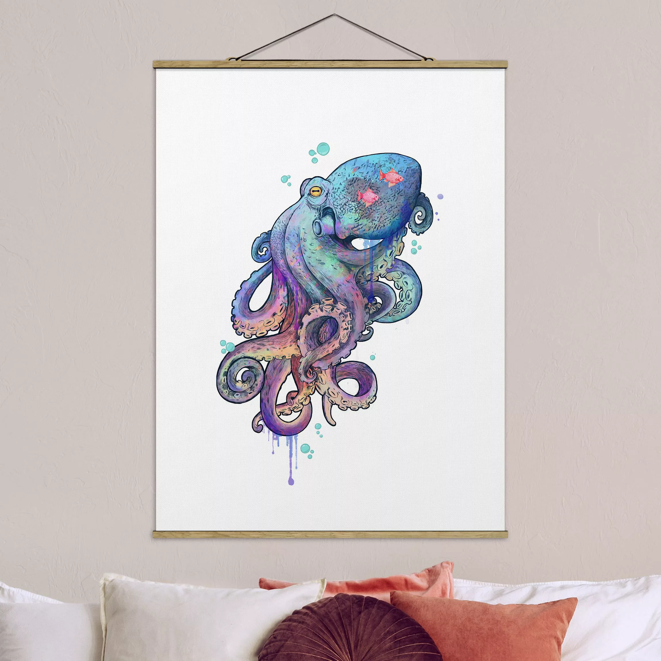 Stoffbild Tiere mit Posterleisten - Hochformat Illustration Oktopus Violett günstig online kaufen