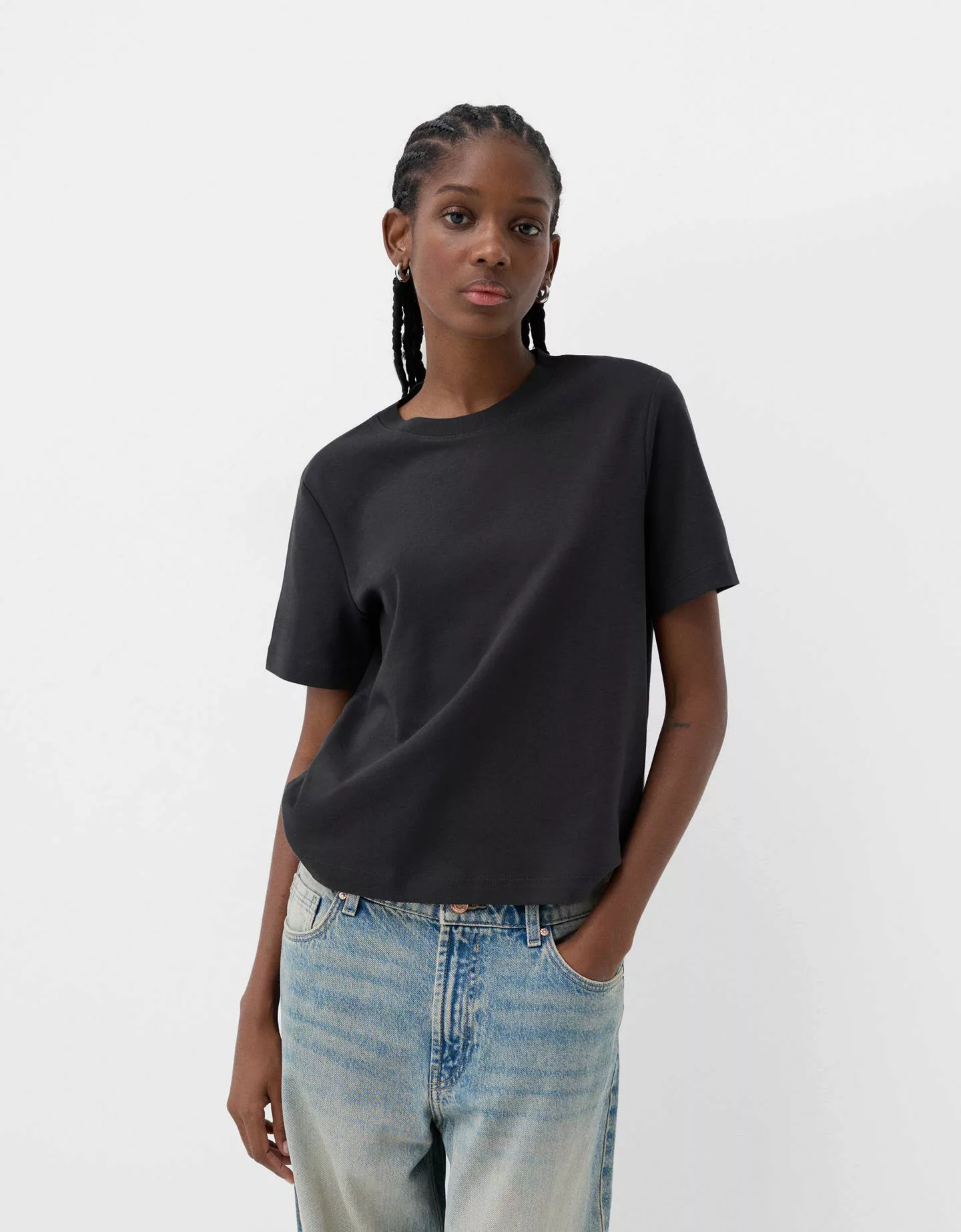 Bershka T-Shirt Im Regular Fit Damen Xs Dunkelgrau günstig online kaufen