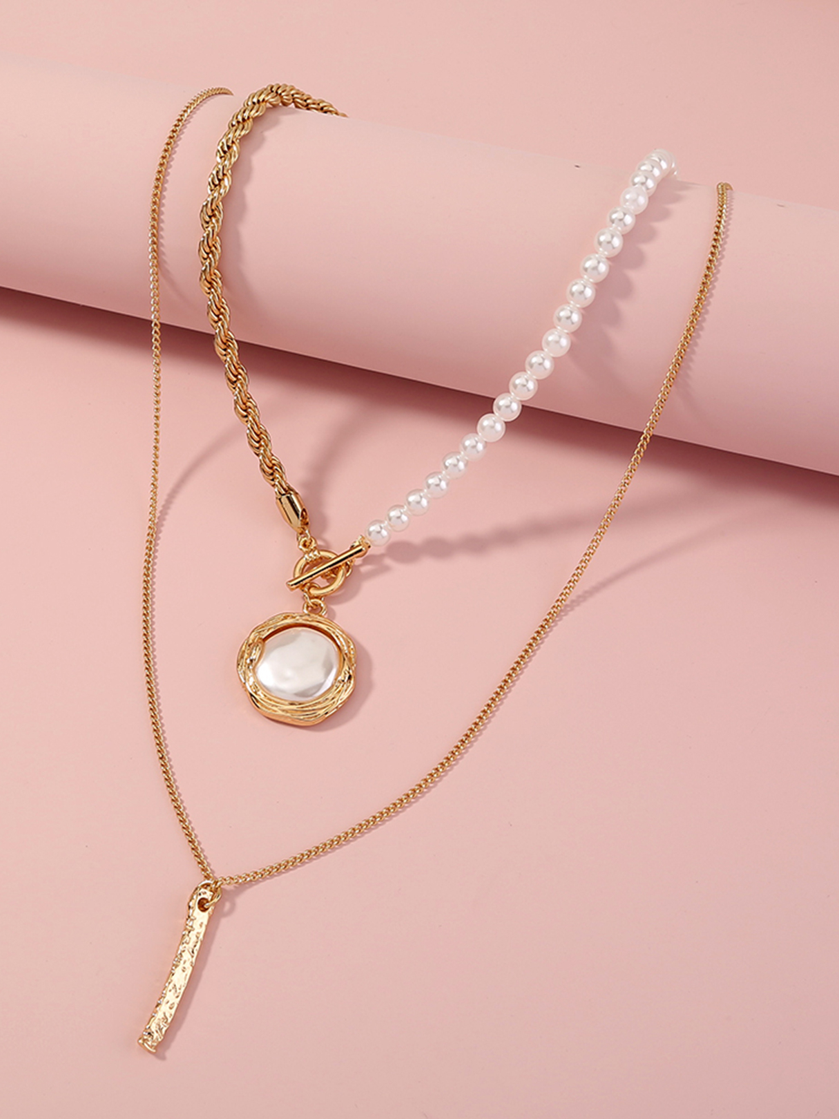 2pc Faux Pearl & Twist Chain Gold Halsketten günstig online kaufen