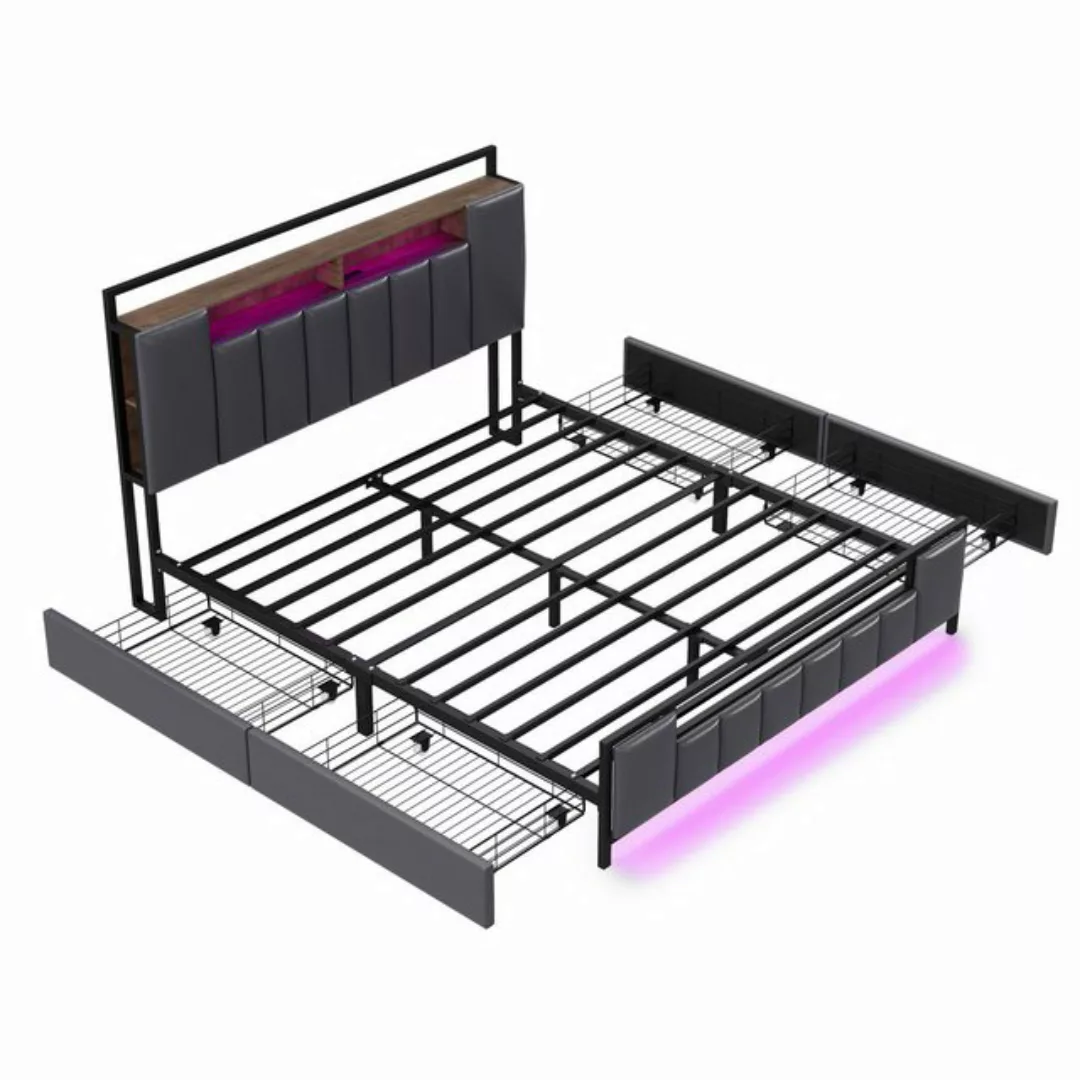 Rutaqian Bettgestell Polsterbett Jugendbett Doppelbett mit LED, USB-Steckdo günstig online kaufen