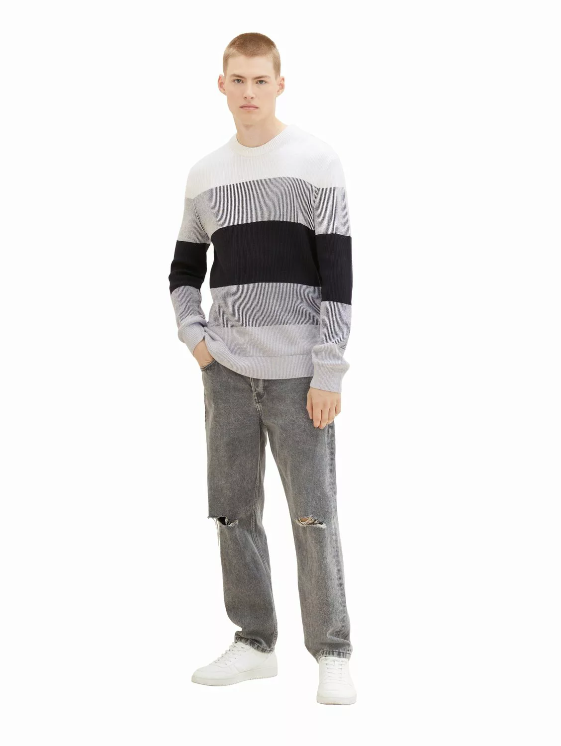 Tom Tailor Denim Herren Rundhals Pullover STRUCTURED COLORBLOCK - Regular F günstig online kaufen