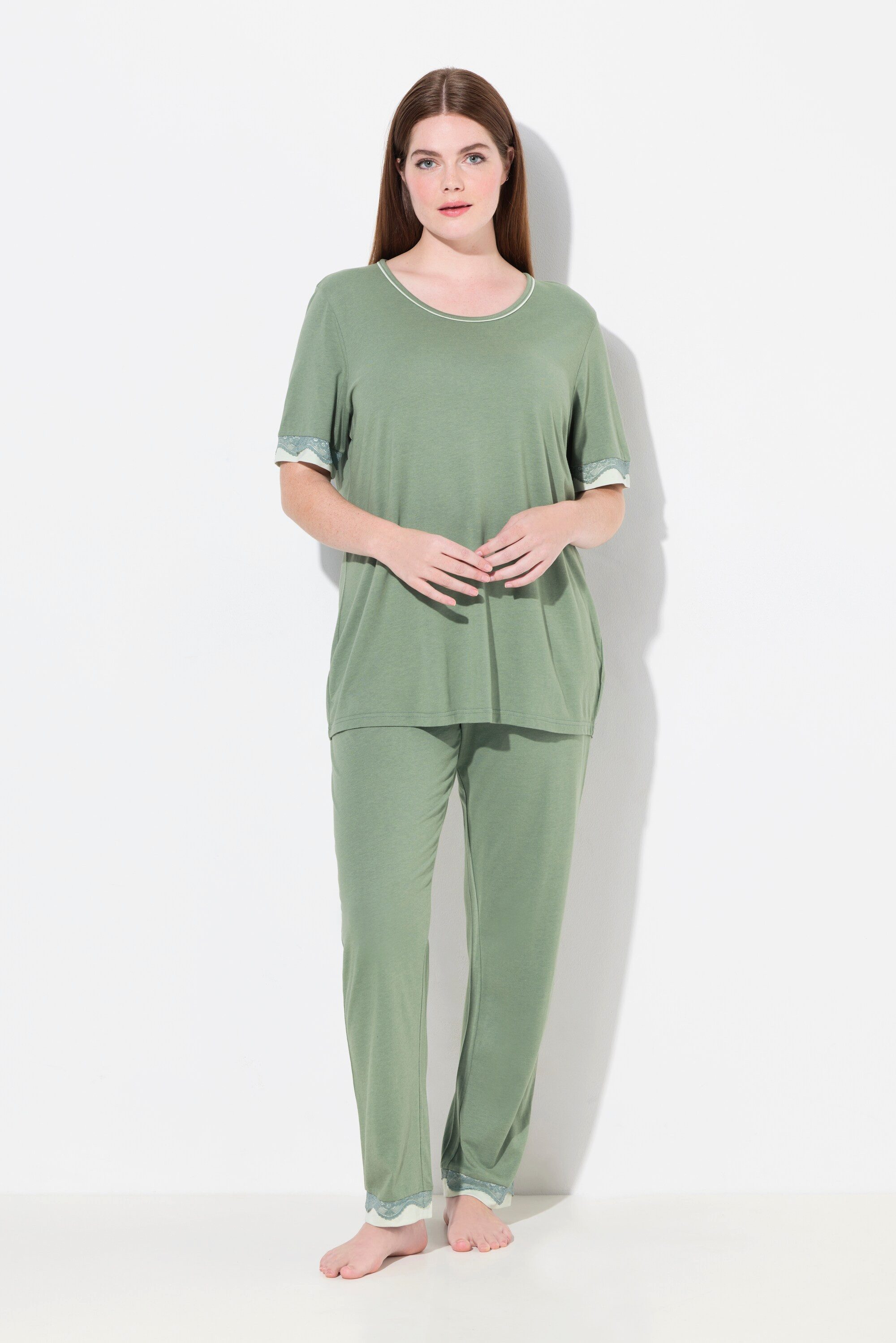 Ulla Popken Pyjama Schlafanzug Spitzenkanten Rundhals günstig online kaufen