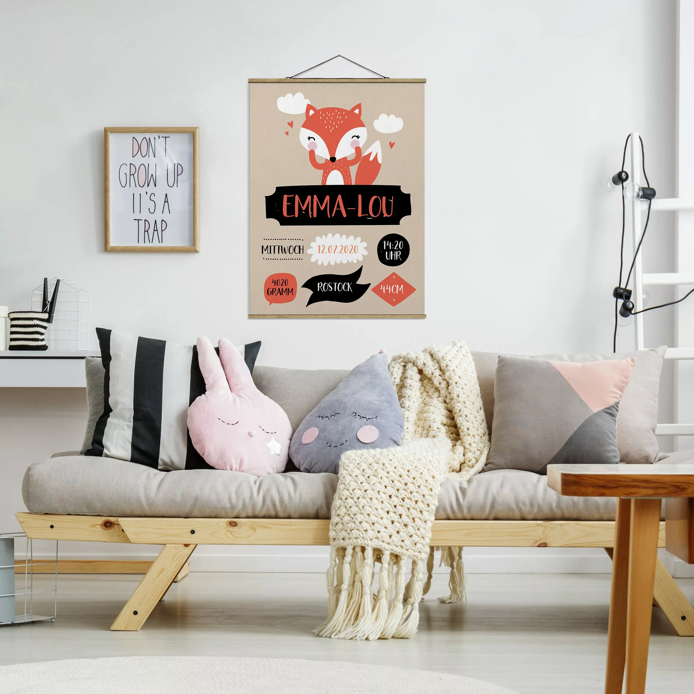 Stoffbild Tiere mit Posterleisten - Hochformat Der freche Fuchs Wunschtext günstig online kaufen