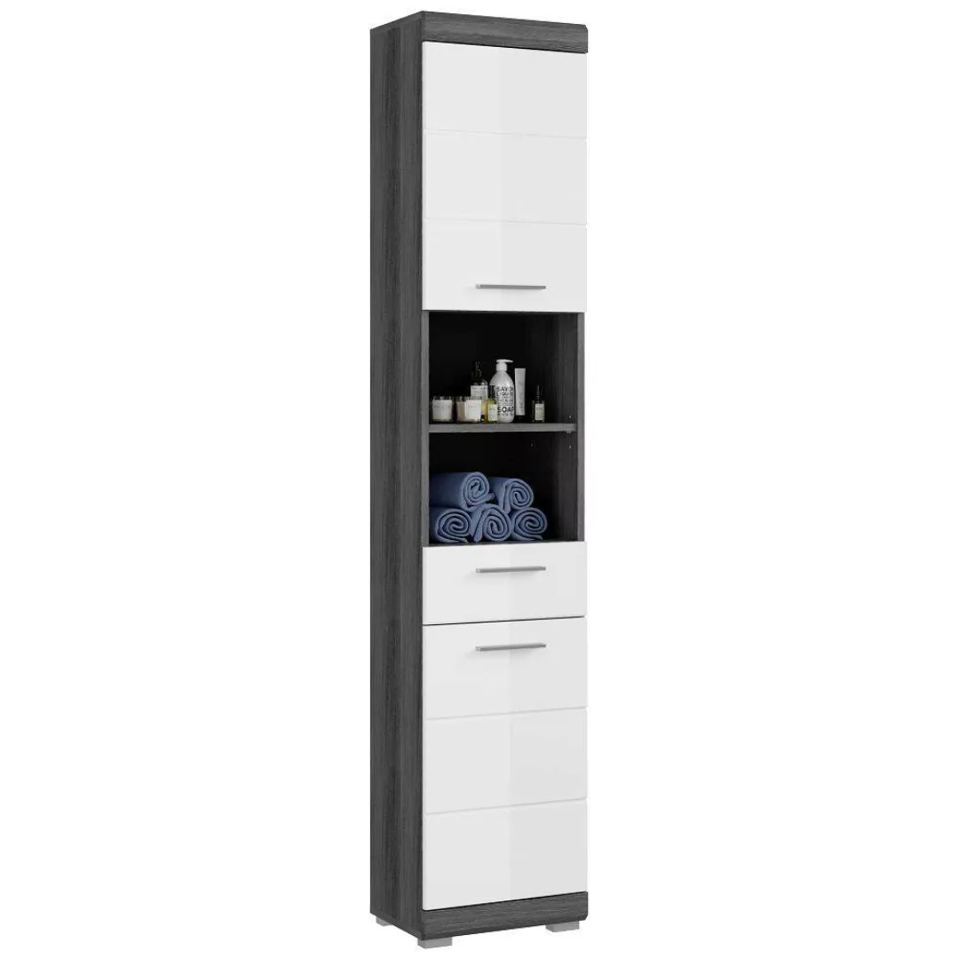 Badezimmer Hochschrank ca. 37 cm breit modern in Hochglanz weiß mit grau SI günstig online kaufen