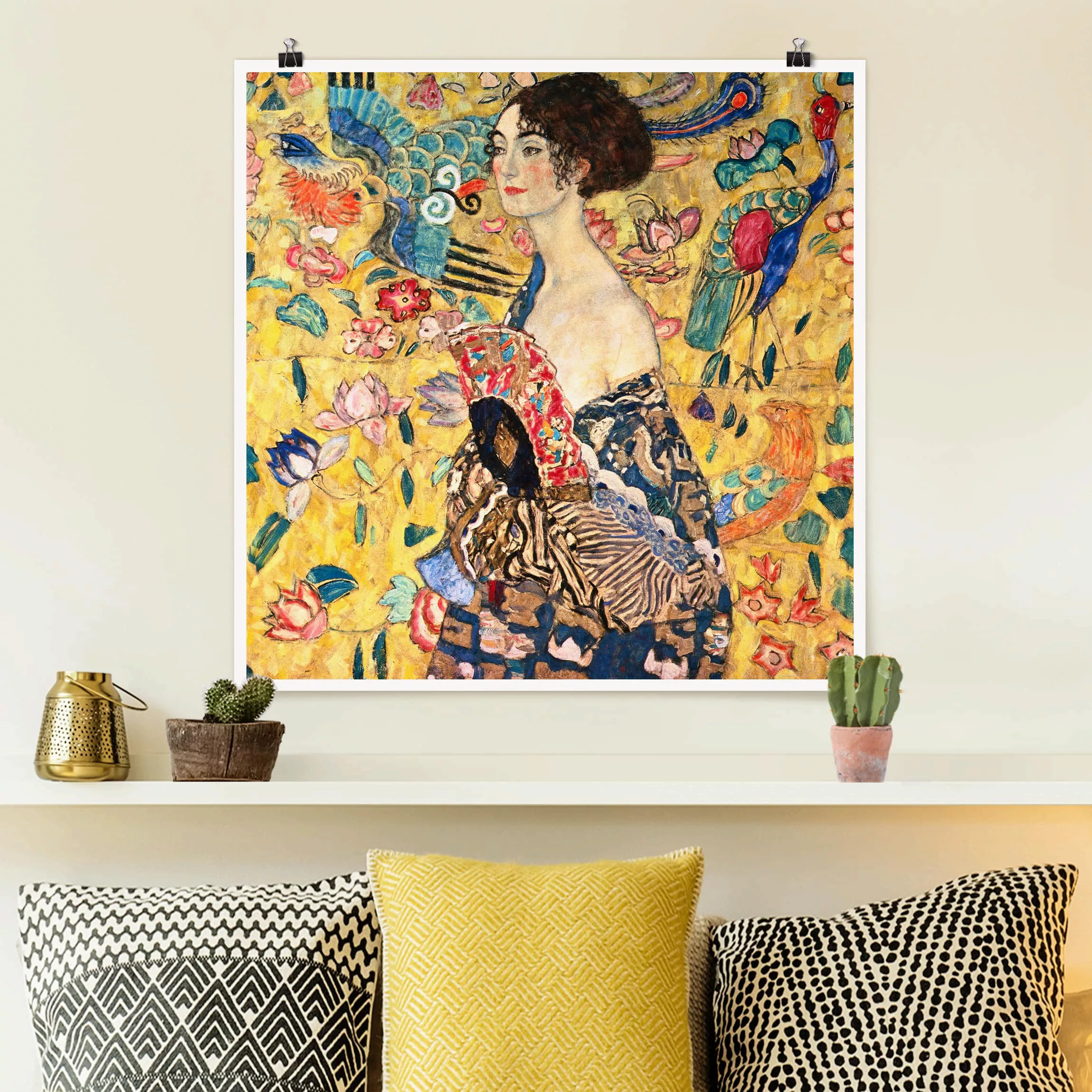 Poster Kunstdruck - Quadrat Gustav Klimt - Dame mit Fächer günstig online kaufen