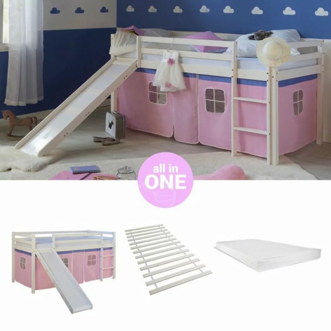 Homestyle4u Hochbett Kinderbett mit Leiter und Vorhang Weiß Rosa Holz Trepp günstig online kaufen