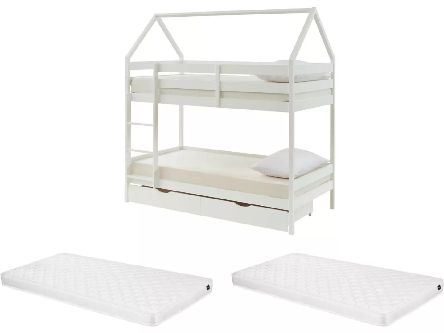 Etagenbett Hausbett mit 2 Schubladen + Matratze - Kiefernholz - 2 x 90 x 19 günstig online kaufen