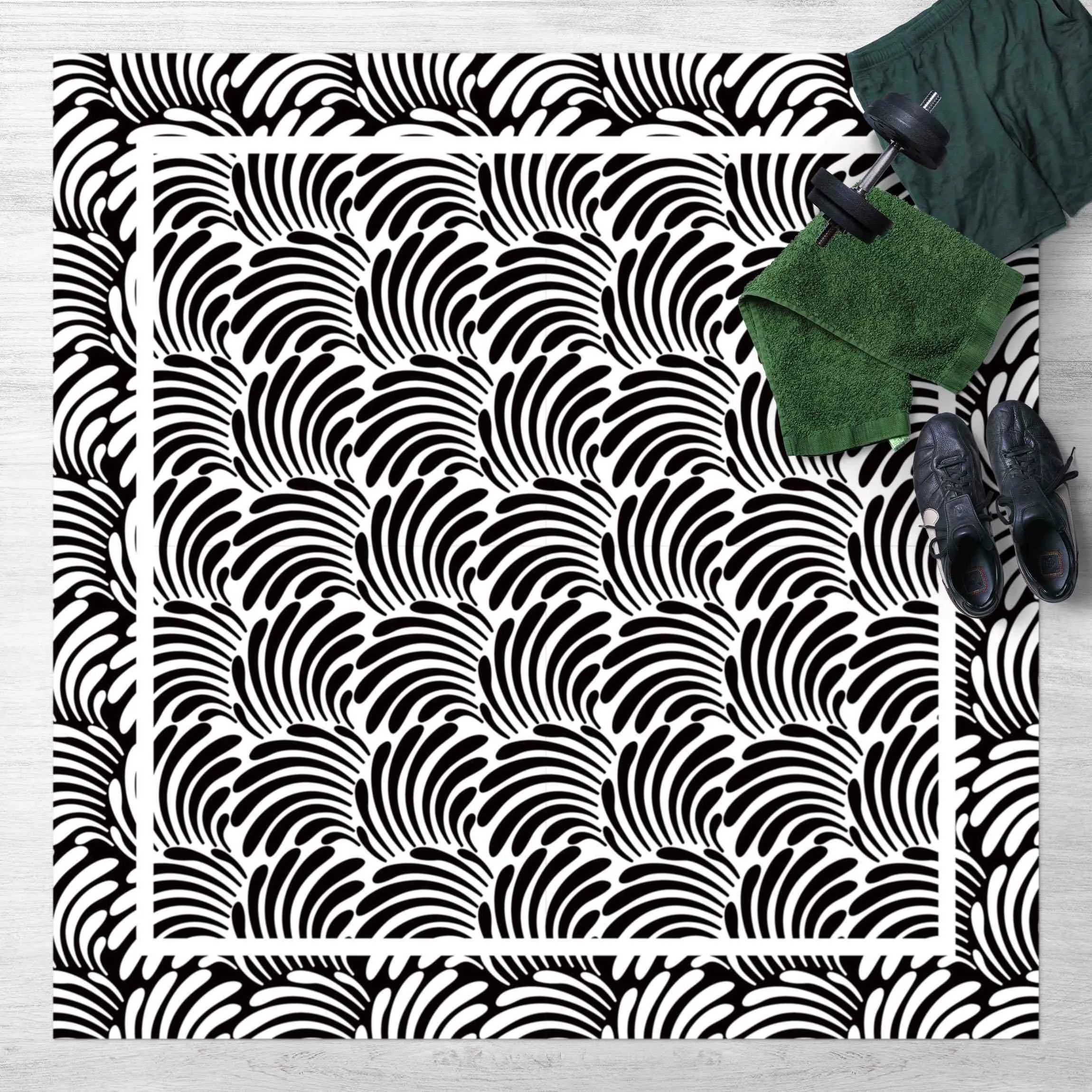 Vinyl-Teppich Quadratische Blätterornamente Schwarz Weiß mit Rahmen günstig online kaufen